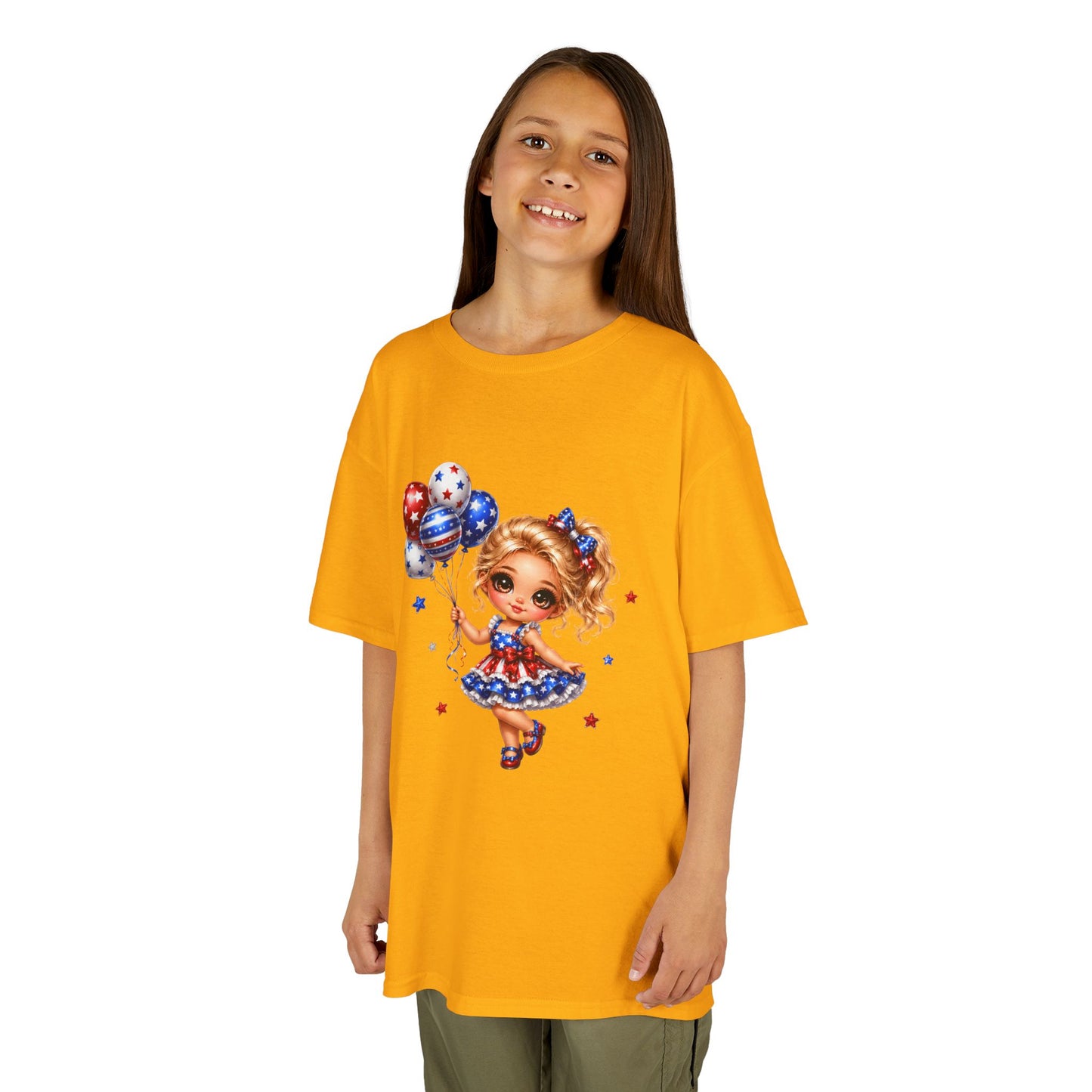 Kids Tee — Cute Patriotic Girl with Stars & Balloons (4th of July)