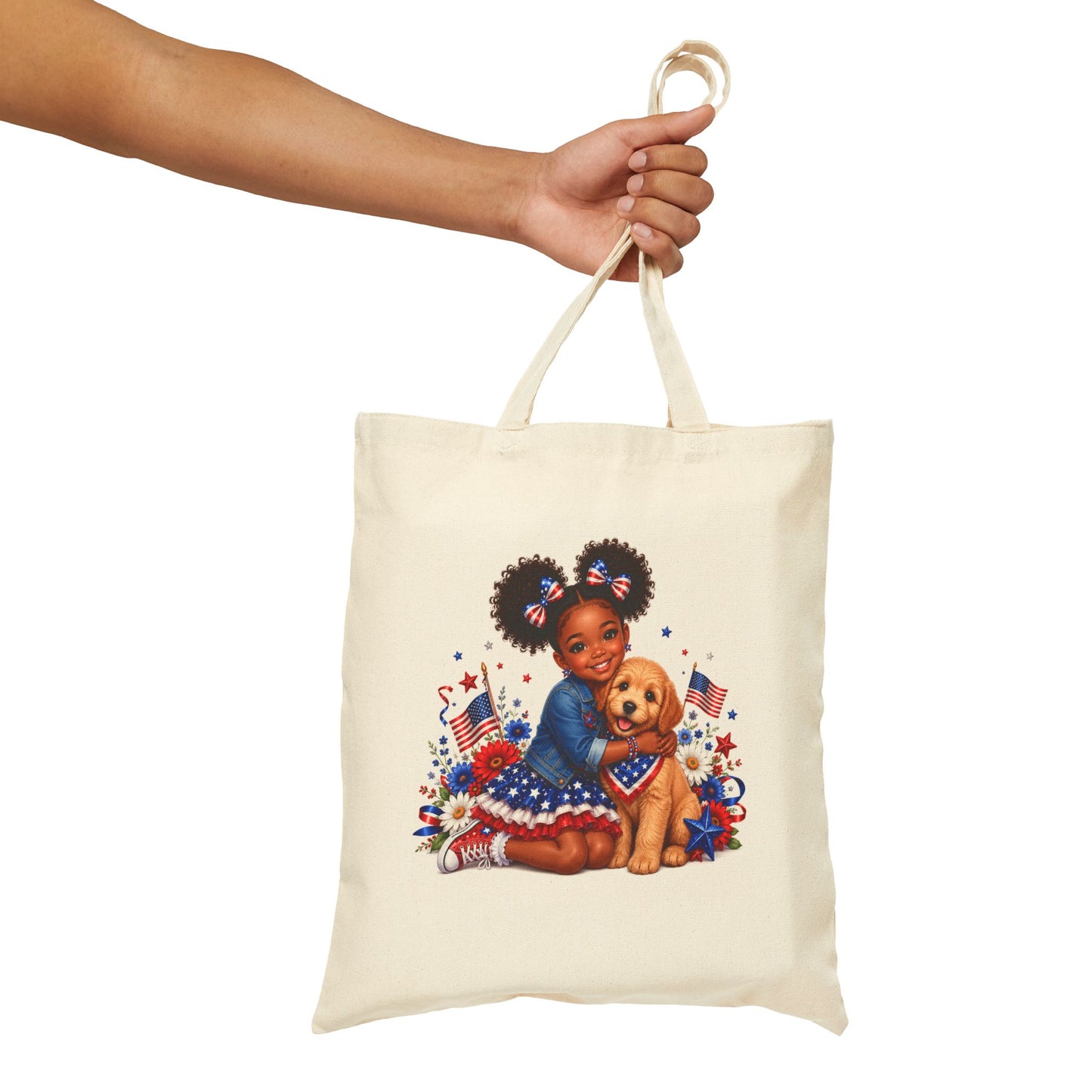Patriotic Girl & Puppy Canvas Tote — 4th of July Independence Day Grocery Bag