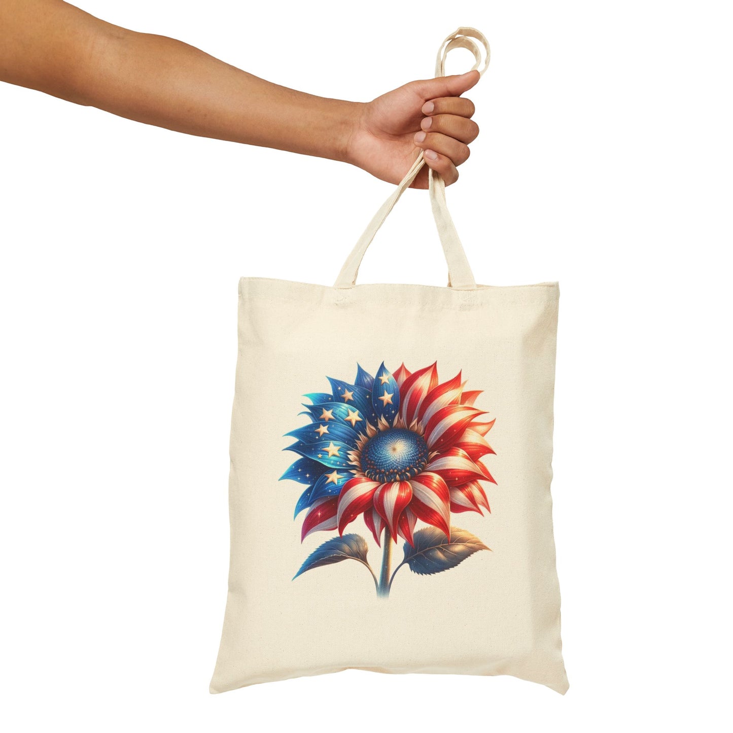 Patriotic Sunflower Tote Bag - American Flag Floral Cotton Canvas Tote