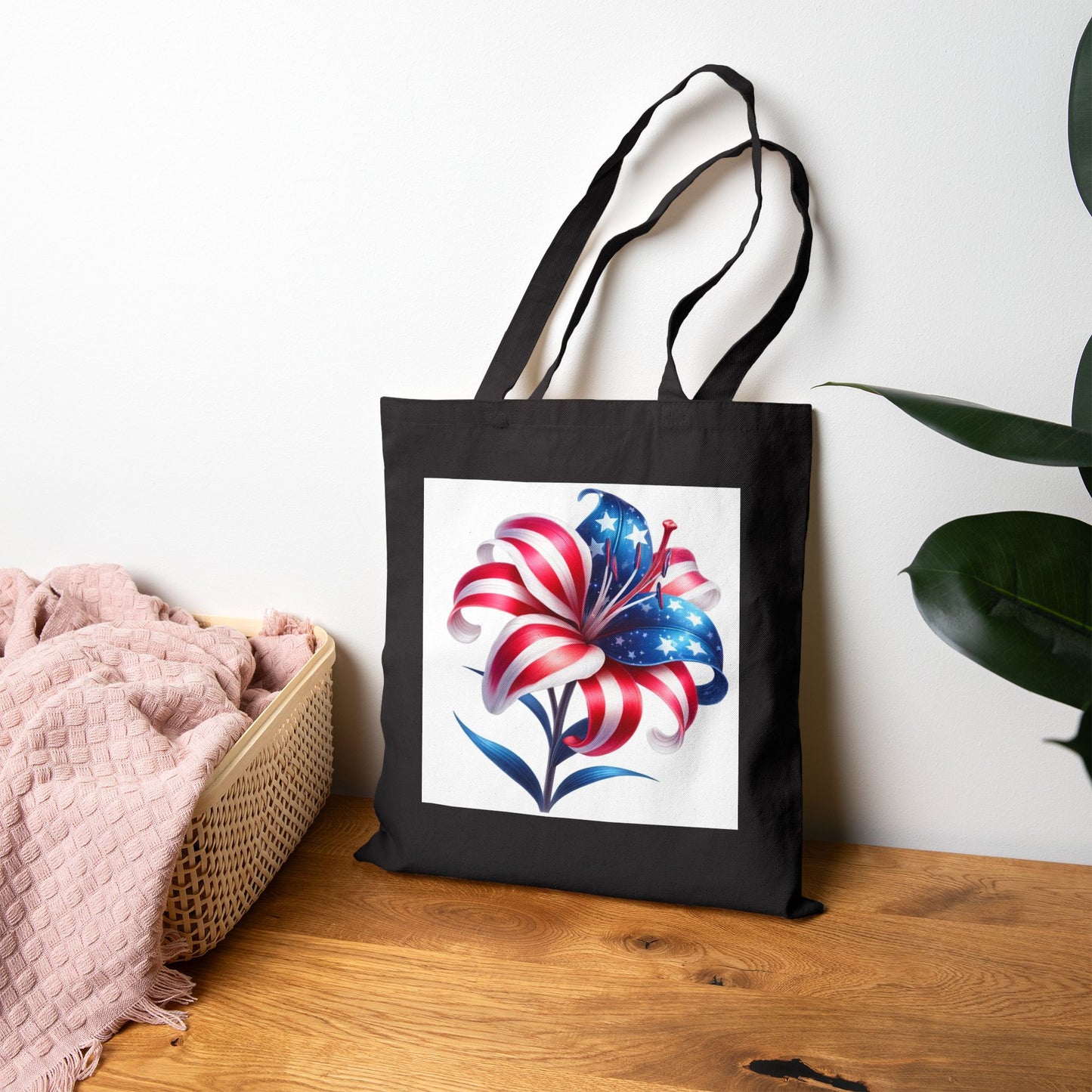 Patriotic Flag Lily Tote Bag — USA Floral Cotton Canvas Shopper for 4th of July