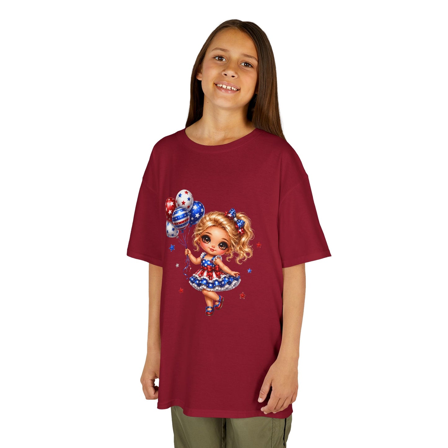Kids Tee — Cute Patriotic Girl with Stars & Balloons (4th of July)