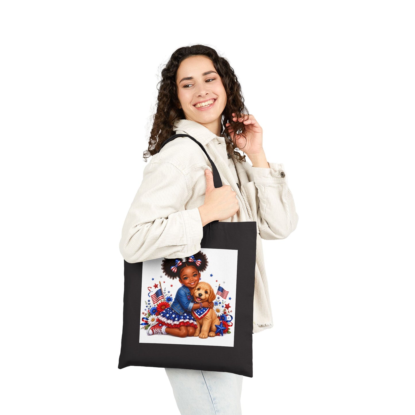 Patriotic Girl & Puppy Canvas Tote — 4th of July Independence Day Grocery Bag