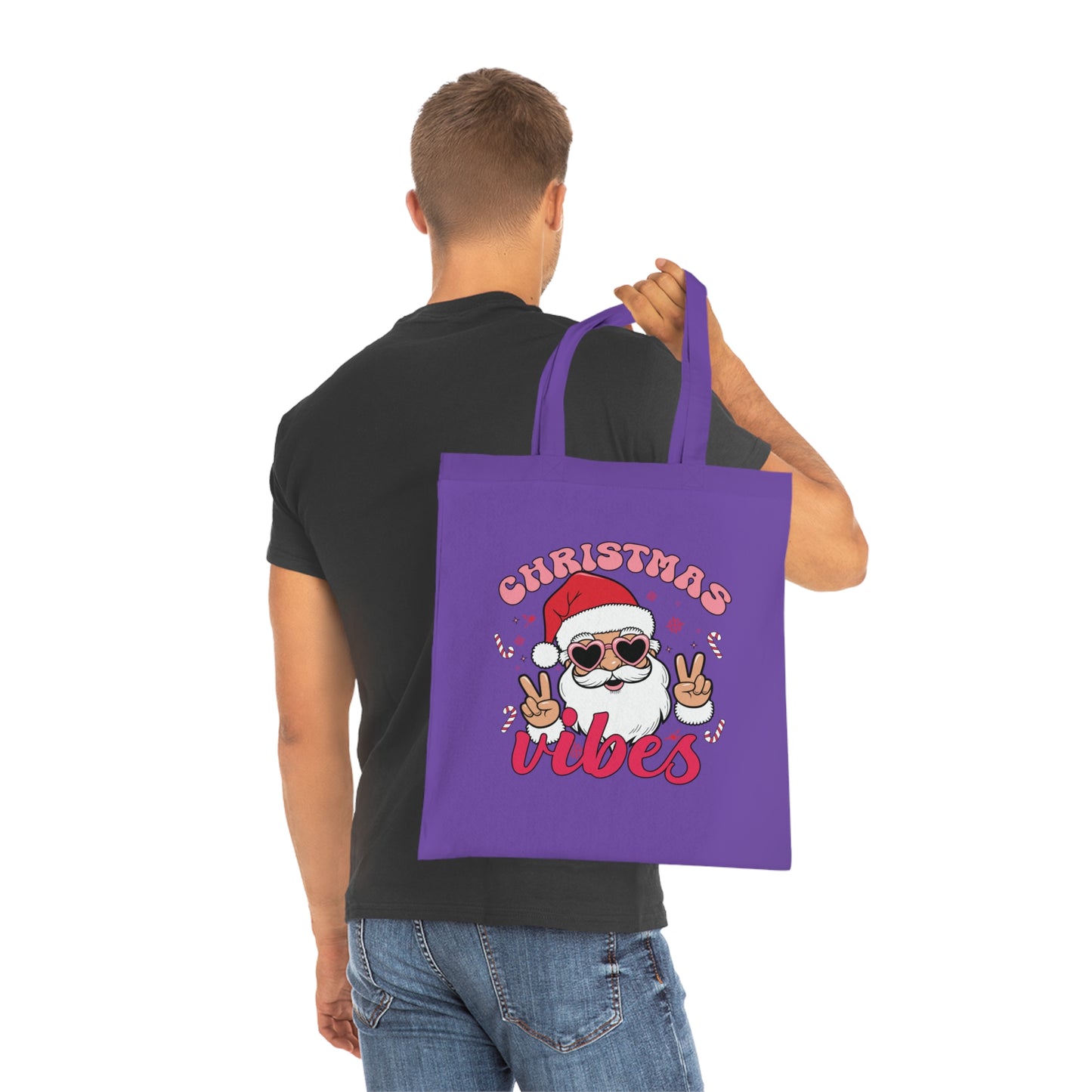 Christmas Vibes Cotton Tote Bag — Santa Peace Sign Holiday Market Tote