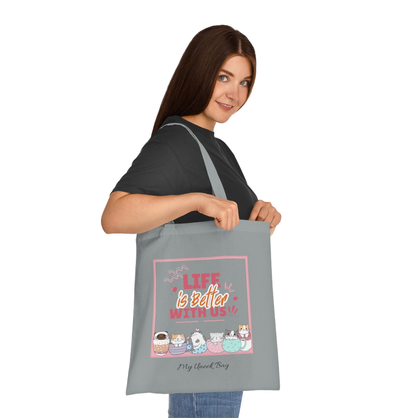 Tote Bag — "Life Is Better With Us" Cute Coffee & Cat Illustration Cotton Tote