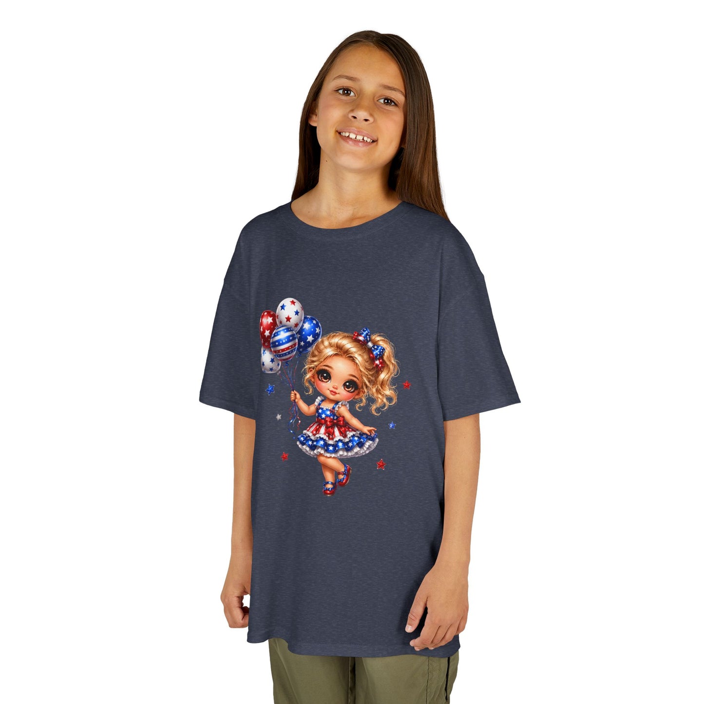 Kids Tee — Cute Patriotic Girl with Stars & Balloons (4th of July)