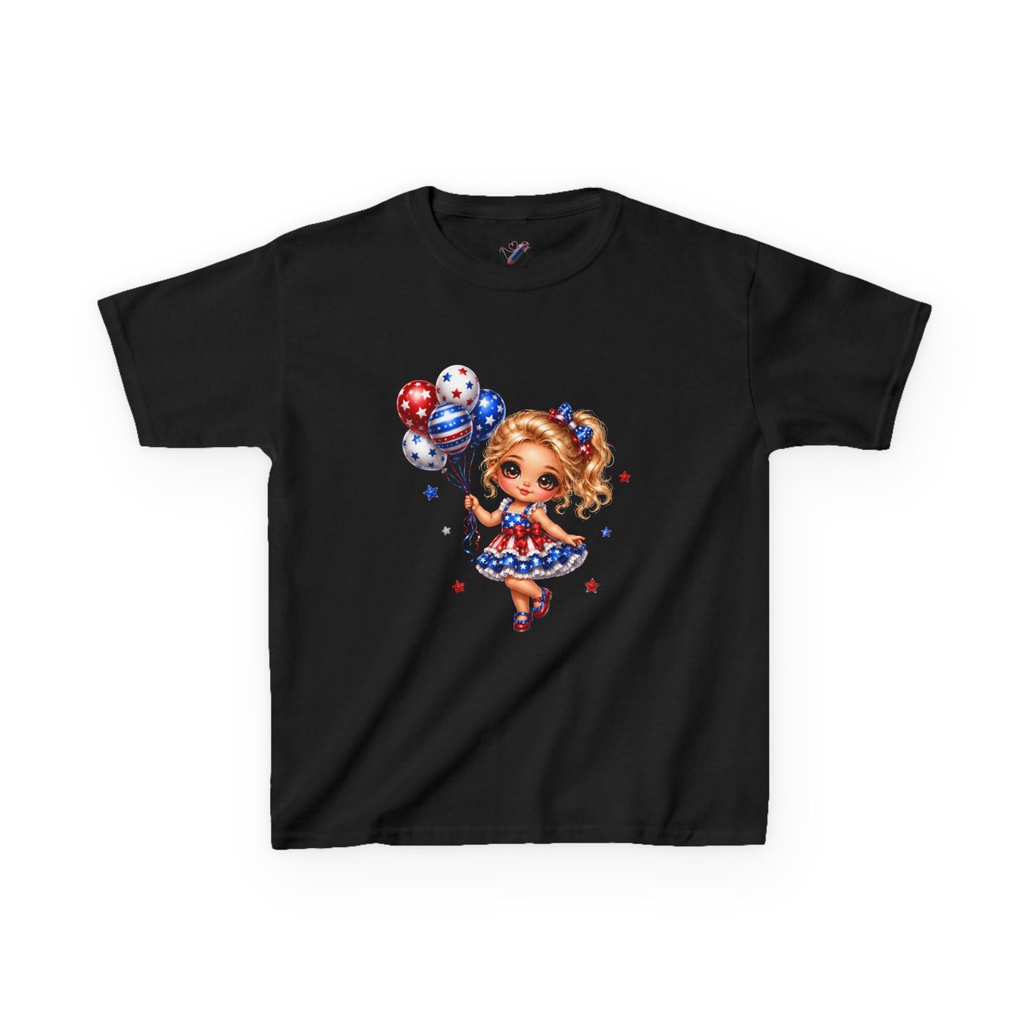 Kids Tee — Cute Patriotic Girl with Stars & Balloons (4th of July)