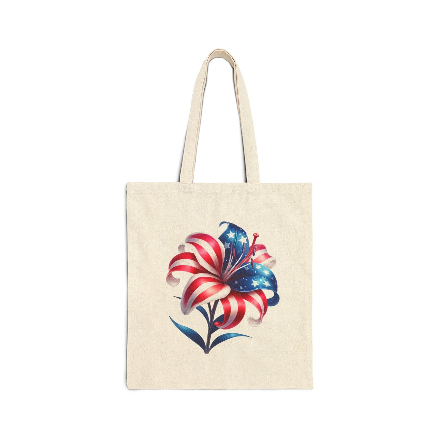 Patriotic Flag Lily Tote Bag — USA Floral Cotton Canvas Shopper for 4th of July