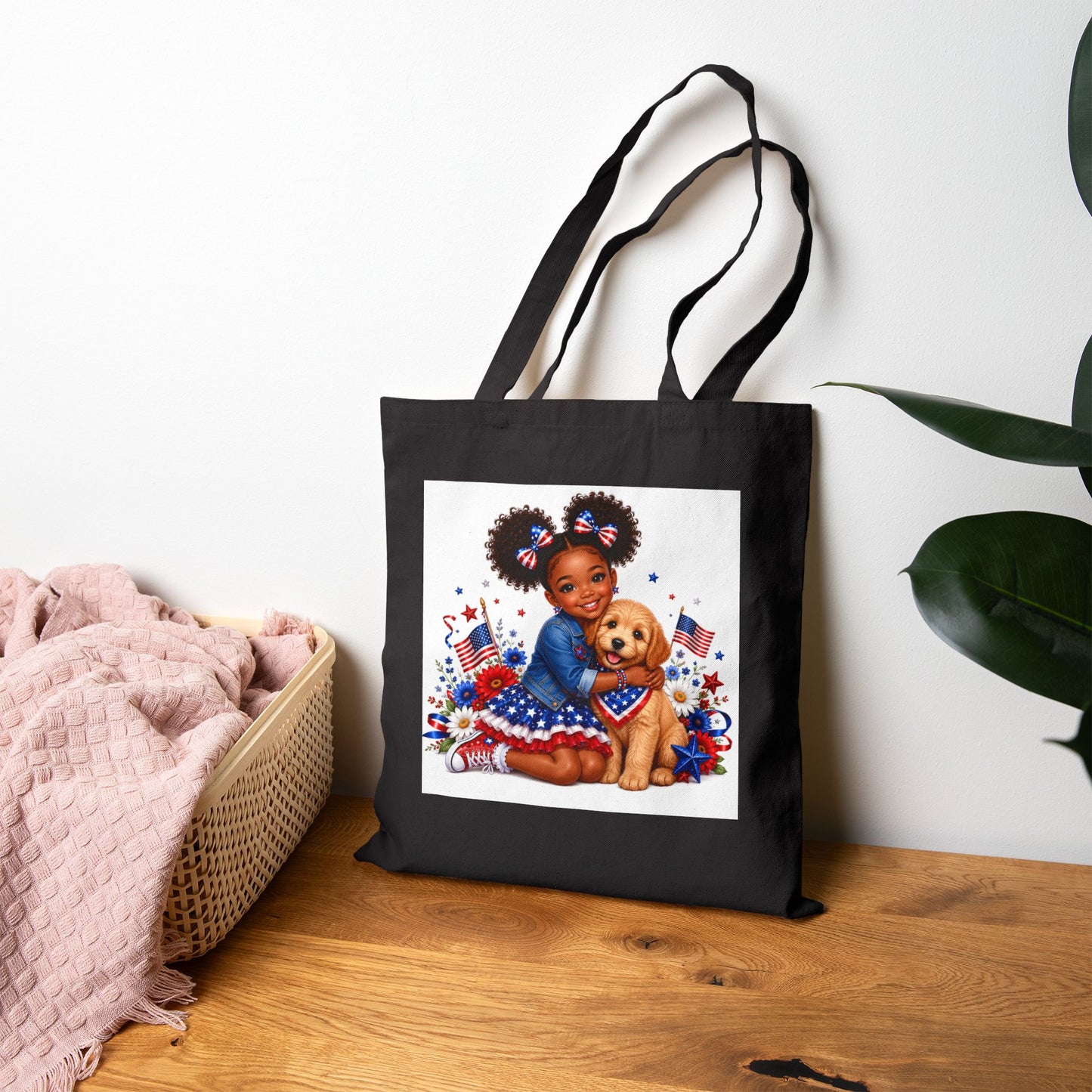 Patriotic Girl & Puppy Canvas Tote — 4th of July Independence Day Grocery Bag