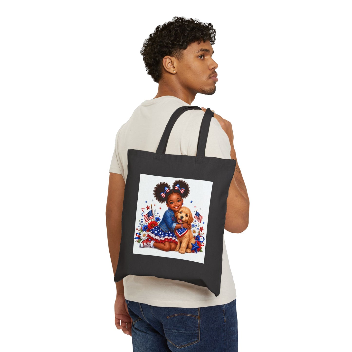 Patriotic Girl & Puppy Canvas Tote — 4th of July Independence Day Grocery Bag