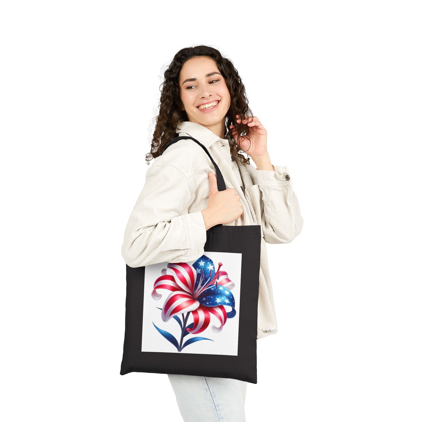 Patriotic Flag Lily Tote Bag — USA Floral Cotton Canvas Shopper for 4th of July