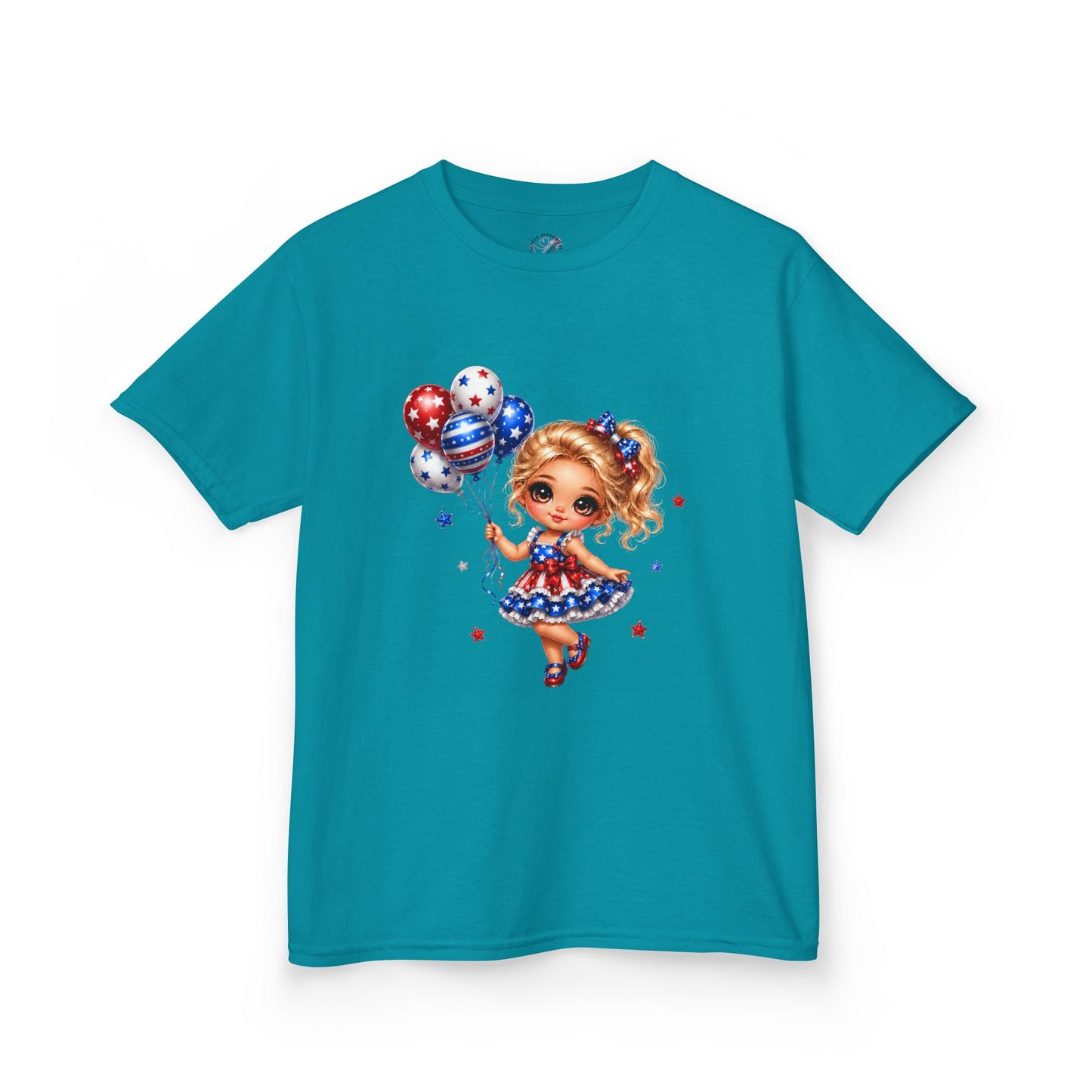Kids Tee — Cute Patriotic Girl with Stars & Balloons (4th of July)