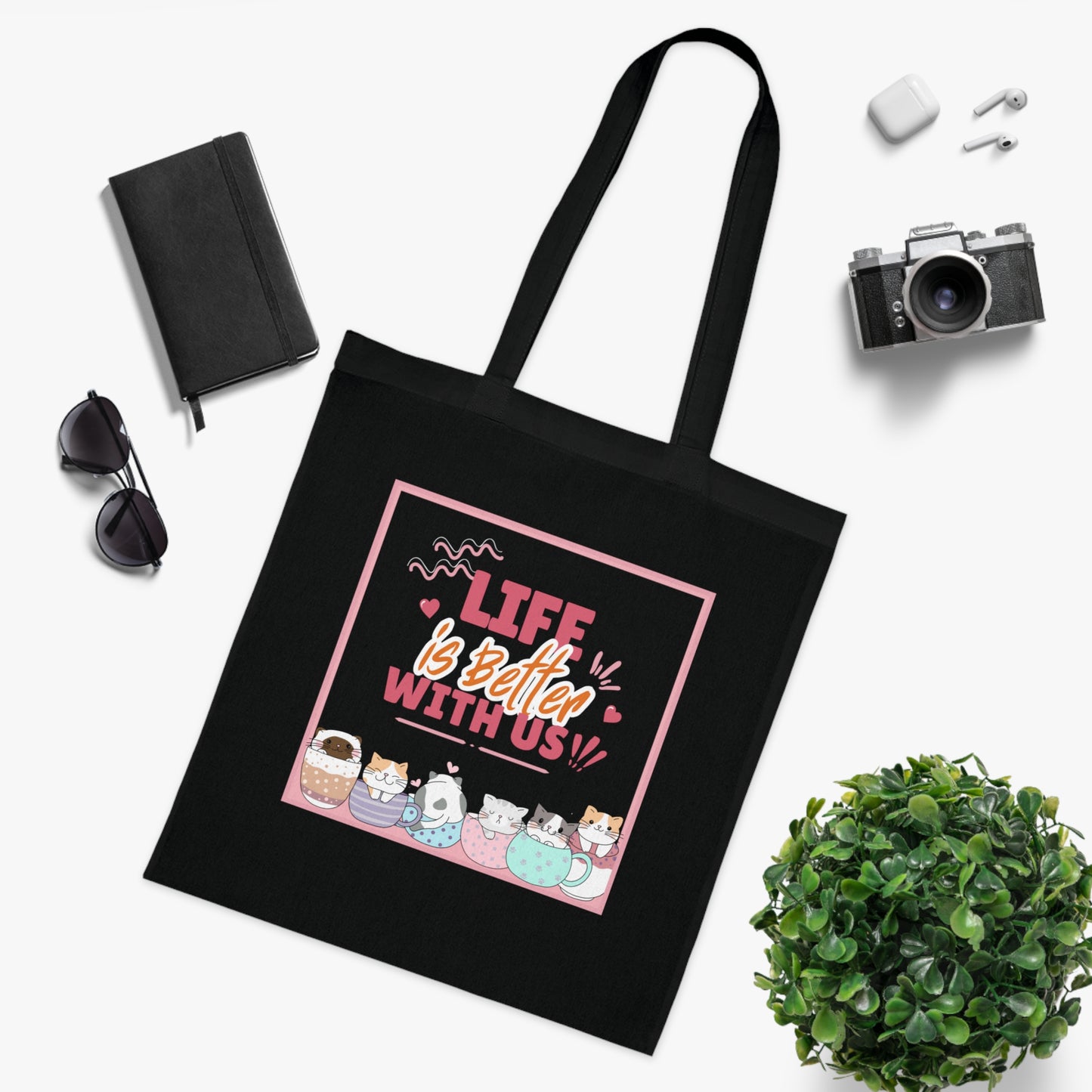 Tote Bag — "Life Is Better With Us" Cute Coffee & Cat Illustration Cotton Tote