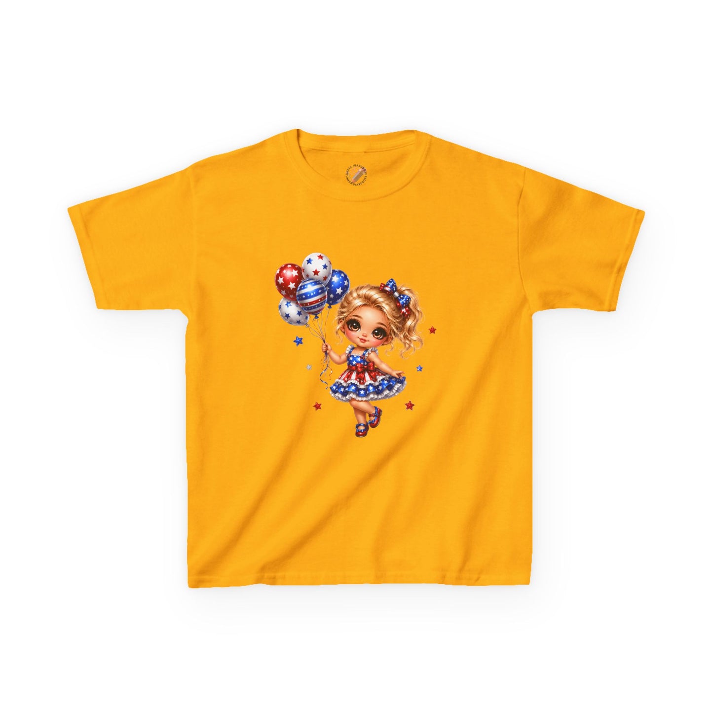 Kids Tee — Cute Patriotic Girl with Stars & Balloons (4th of July)