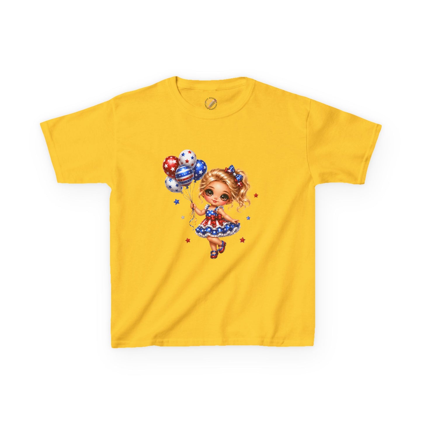Kids Tee — Cute Patriotic Girl with Stars & Balloons (4th of July)