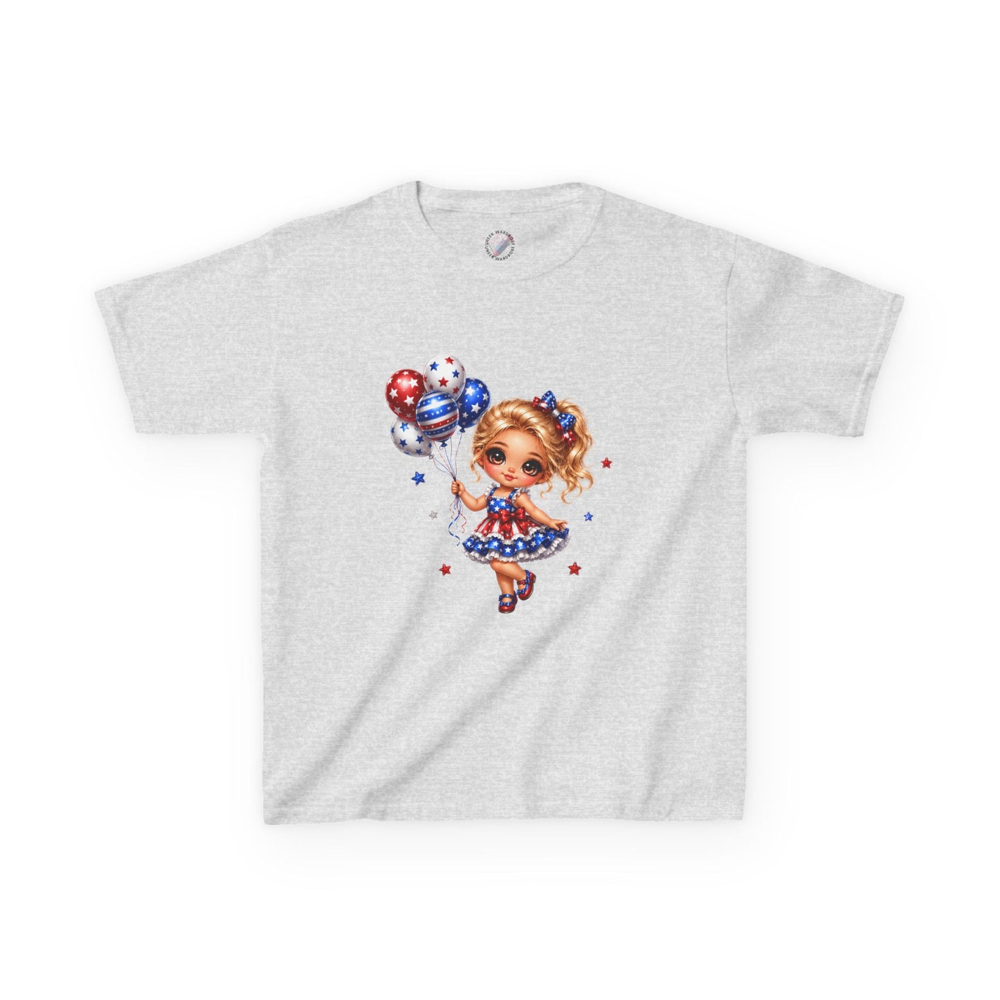 Kids Tee — Cute Patriotic Girl with Stars & Balloons (4th of July)