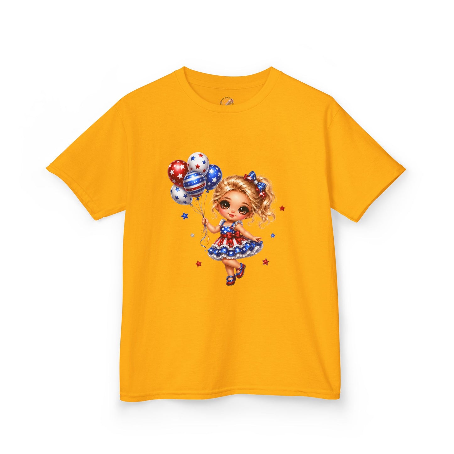 Kids Tee — Cute Patriotic Girl with Stars & Balloons (4th of July)
