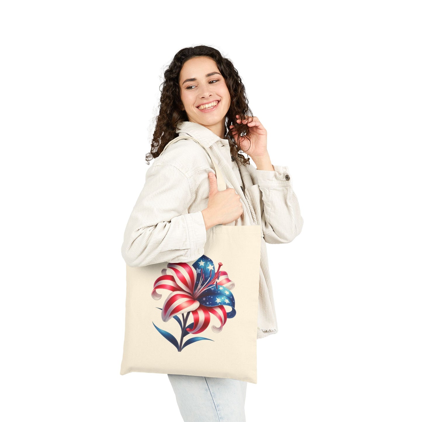 Patriotic Flag Lily Tote Bag — USA Floral Cotton Canvas Shopper for 4th of July
