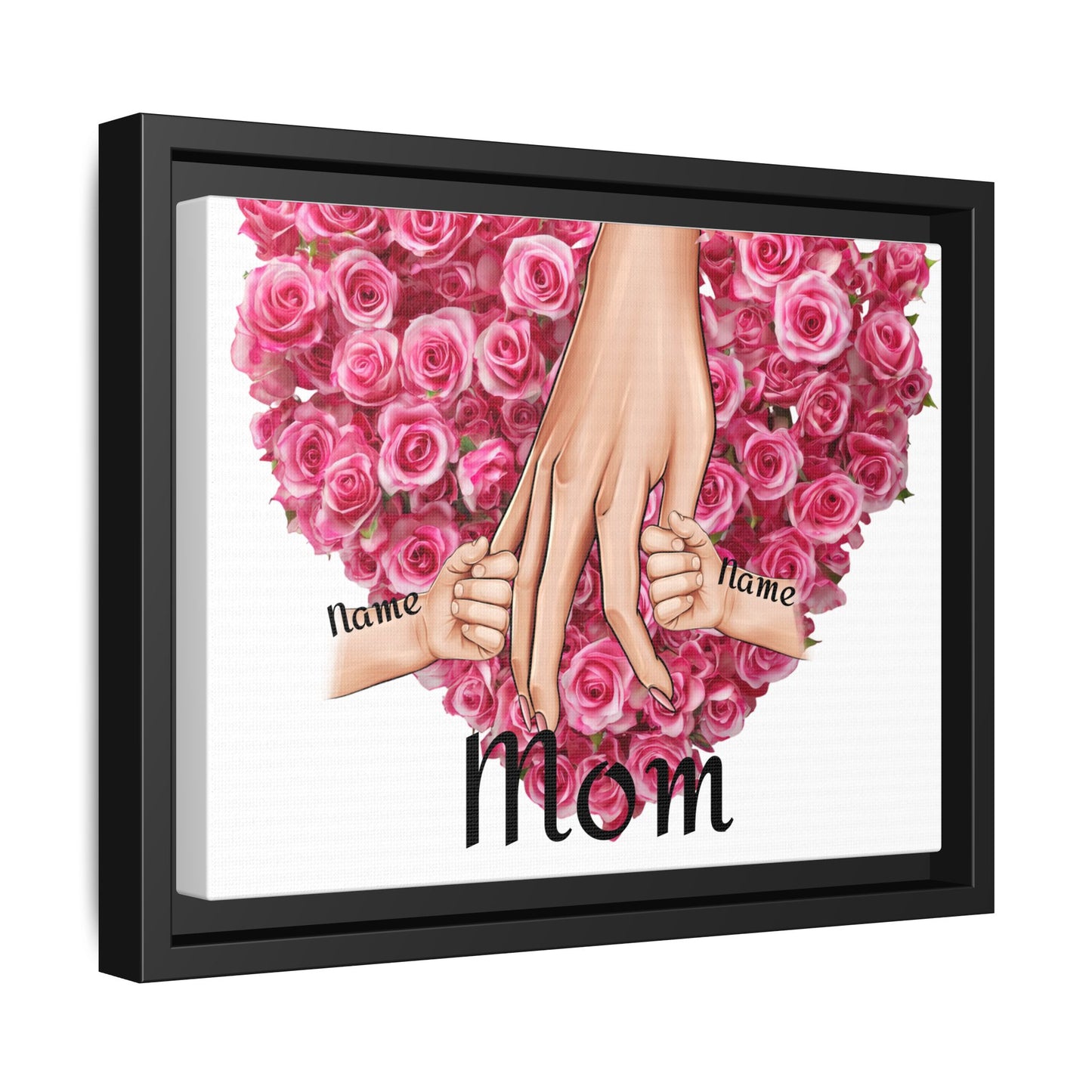 Framed Canvas Wall Art — 'Mom' Heart of Roses with Child Hands (Personalizable Names)