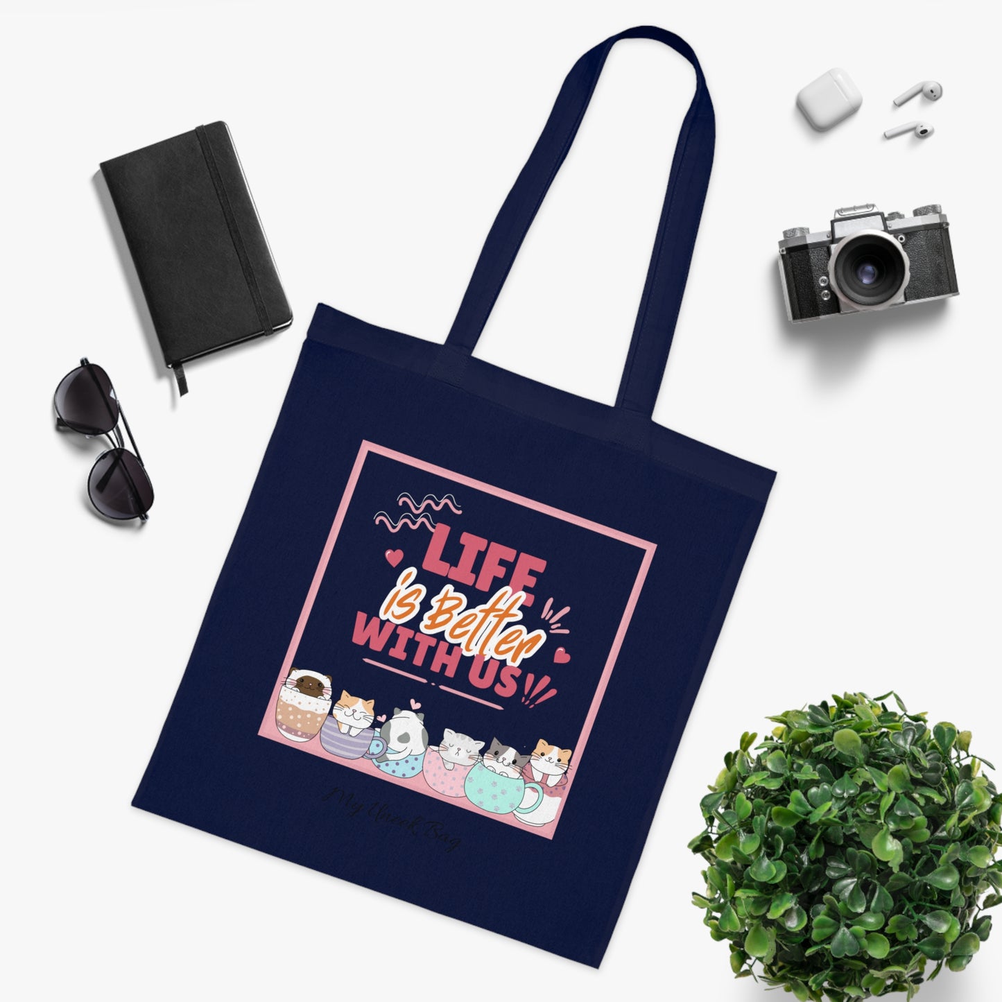 Tote Bag — "Life Is Better With Us" Cute Coffee & Cat Illustration Cotton Tote