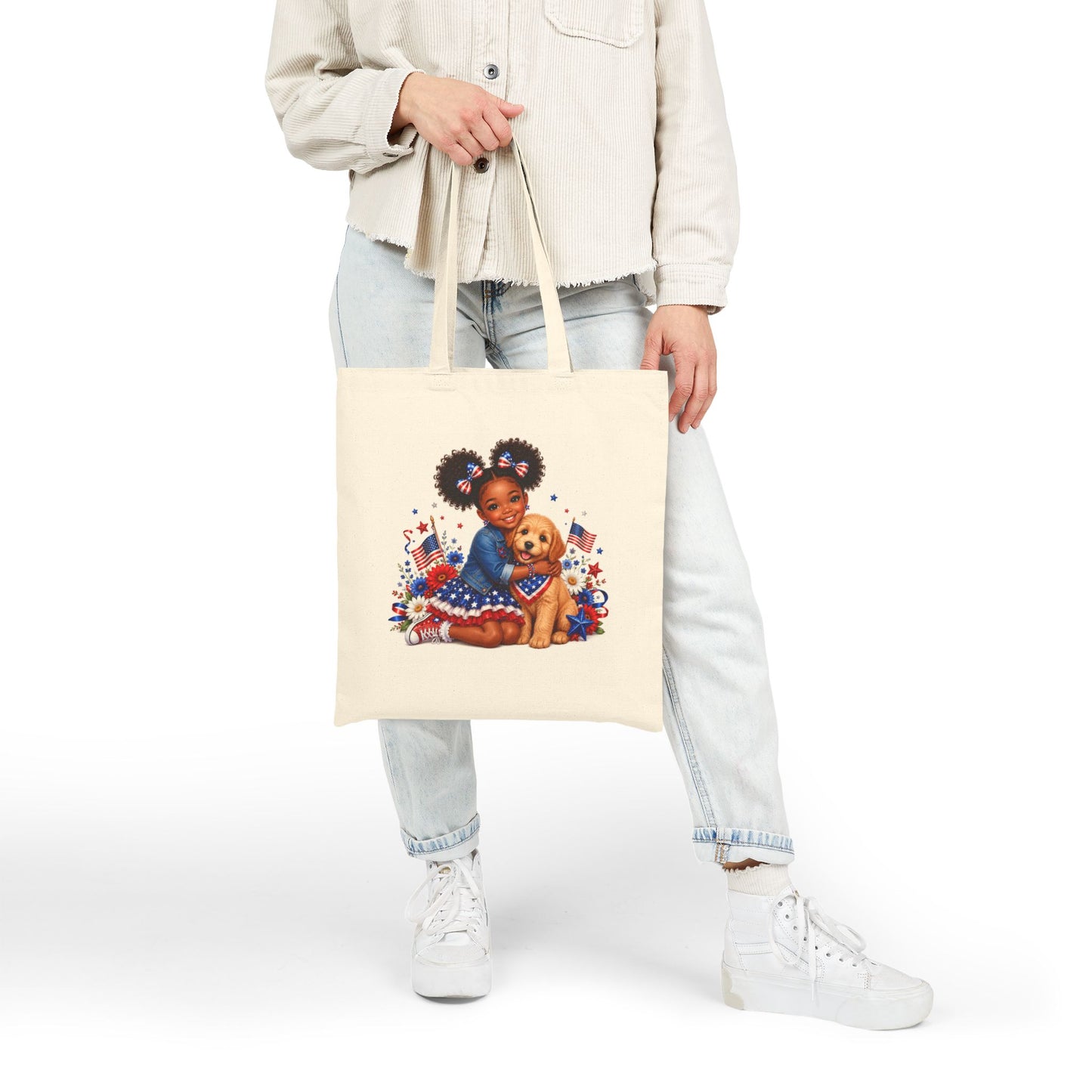 Patriotic Girl & Puppy Canvas Tote — 4th of July Independence Day Grocery Bag