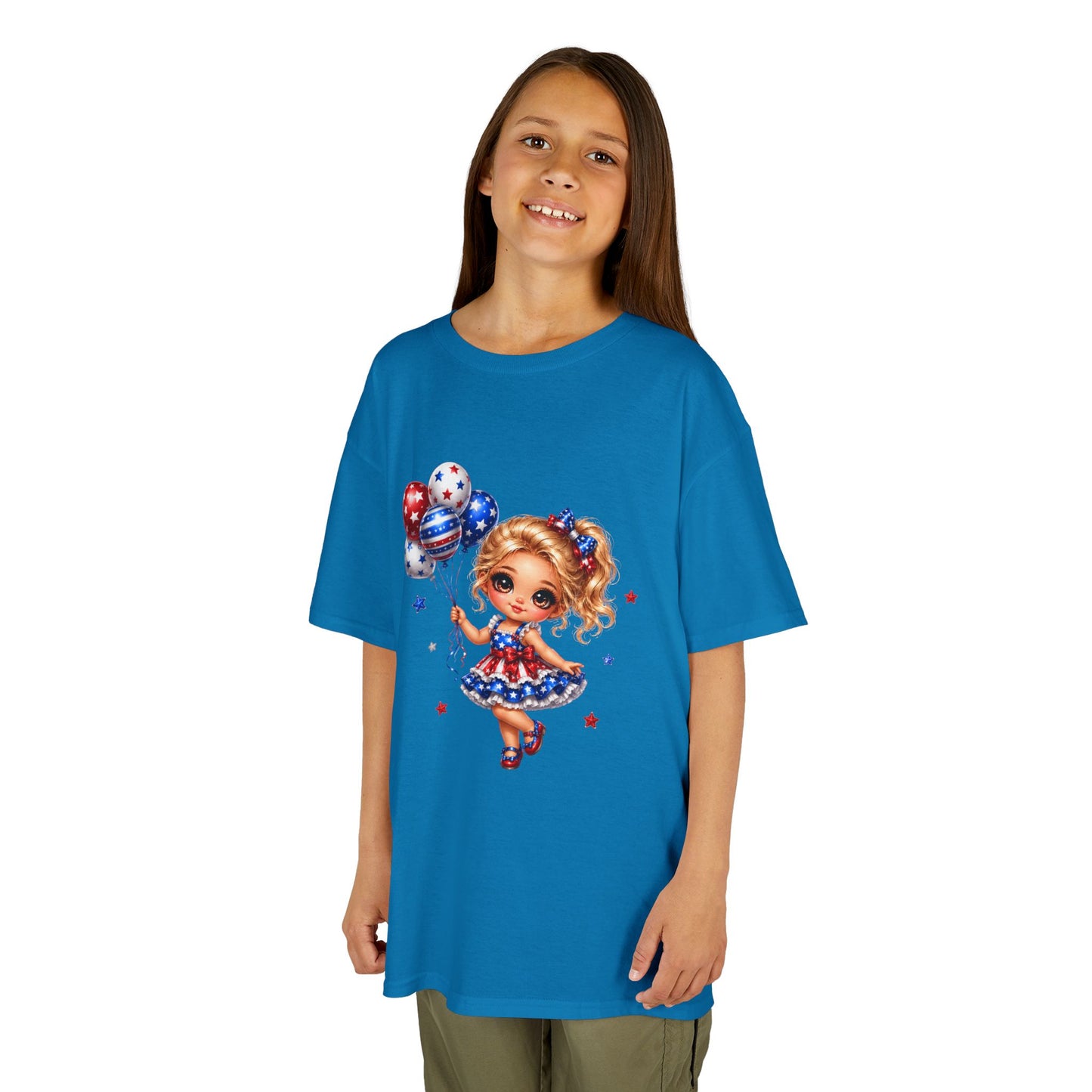 Kids Tee — Cute Patriotic Girl with Stars & Balloons (4th of July)