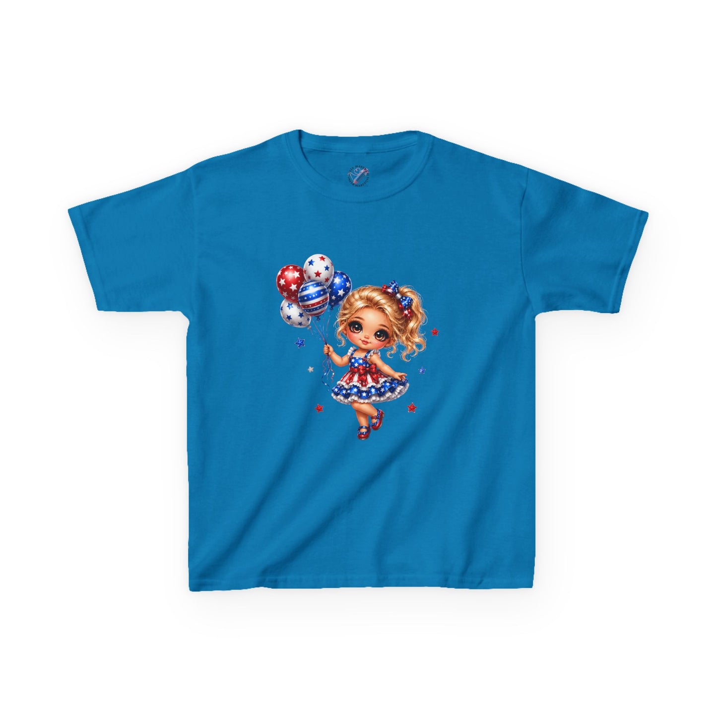 Kids Tee — Cute Patriotic Girl with Stars & Balloons (4th of July)
