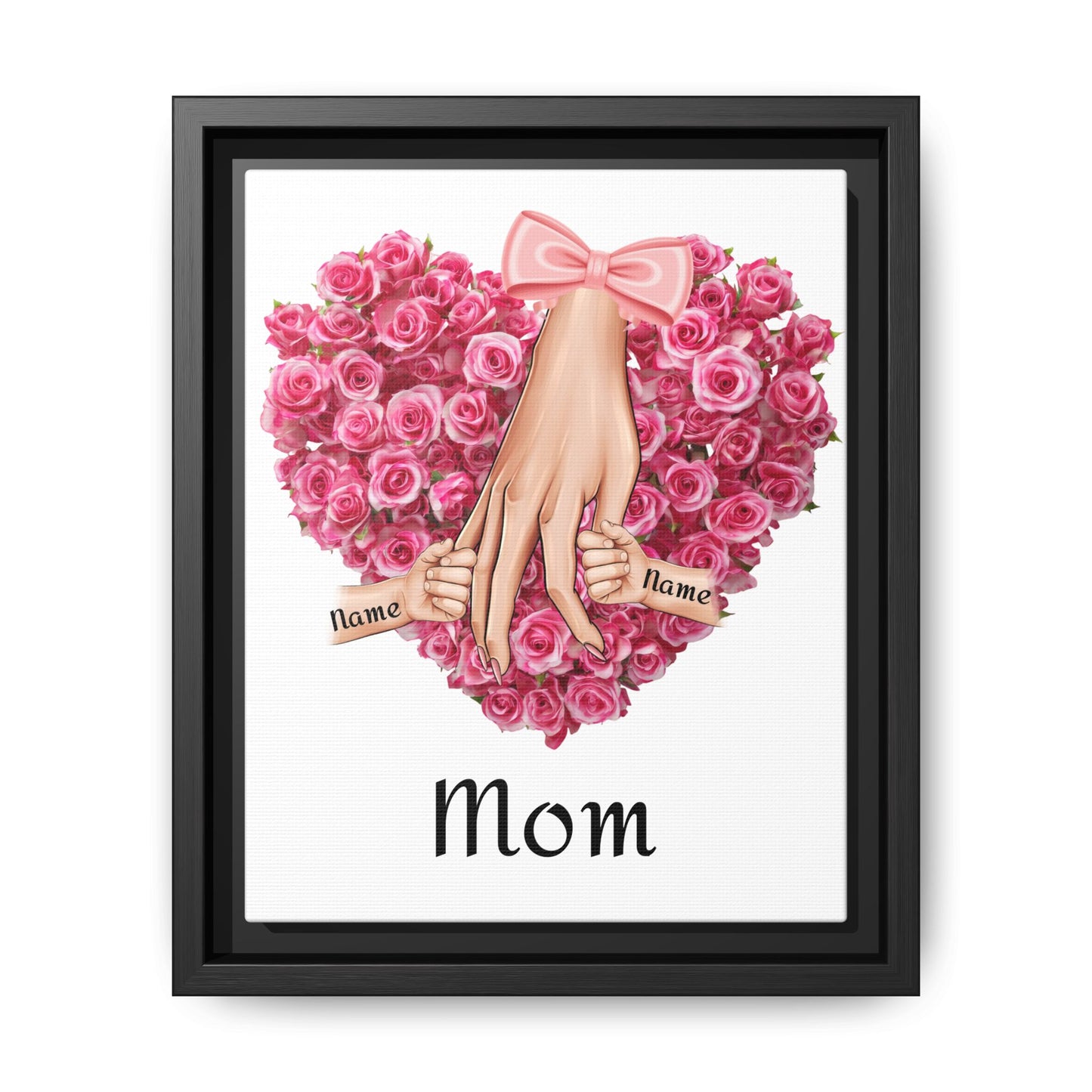 Framed Canvas Wall Art — 'Mom' Heart of Roses with Child Hands (Personalizable Names)