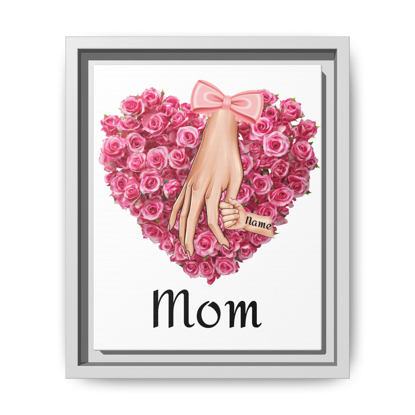 'Mom' Pink Rose Heart with Holding Hands (Matte) Framed Canvas Art