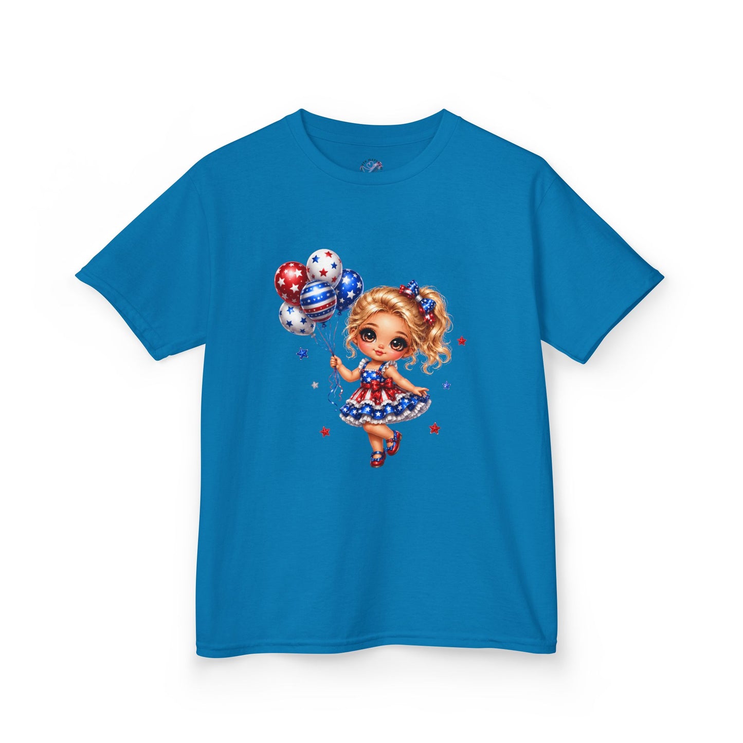 Kids Tee — Cute Patriotic Girl with Stars & Balloons (4th of July)