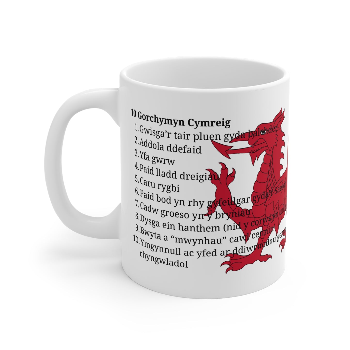 Mwg 10 Gorchymyn Cymreig | Mwg Cymraeg Doniol | Mwg Draig Cymru | Anrheg i Dad Cymreig | Mwg Dwyieithog Cymraeg a Saesneg