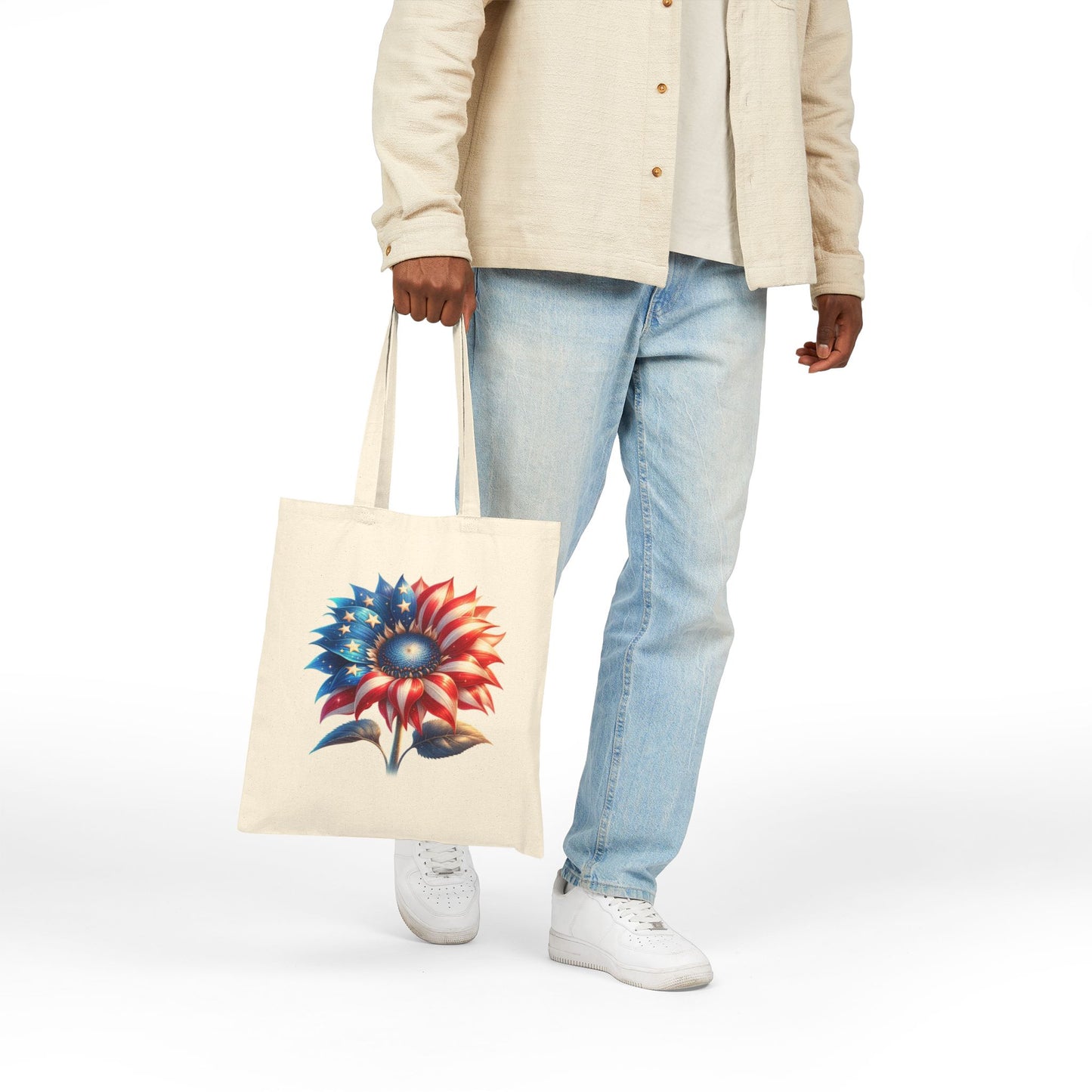 Patriotic Sunflower Tote Bag - American Flag Floral Cotton Canvas Tote