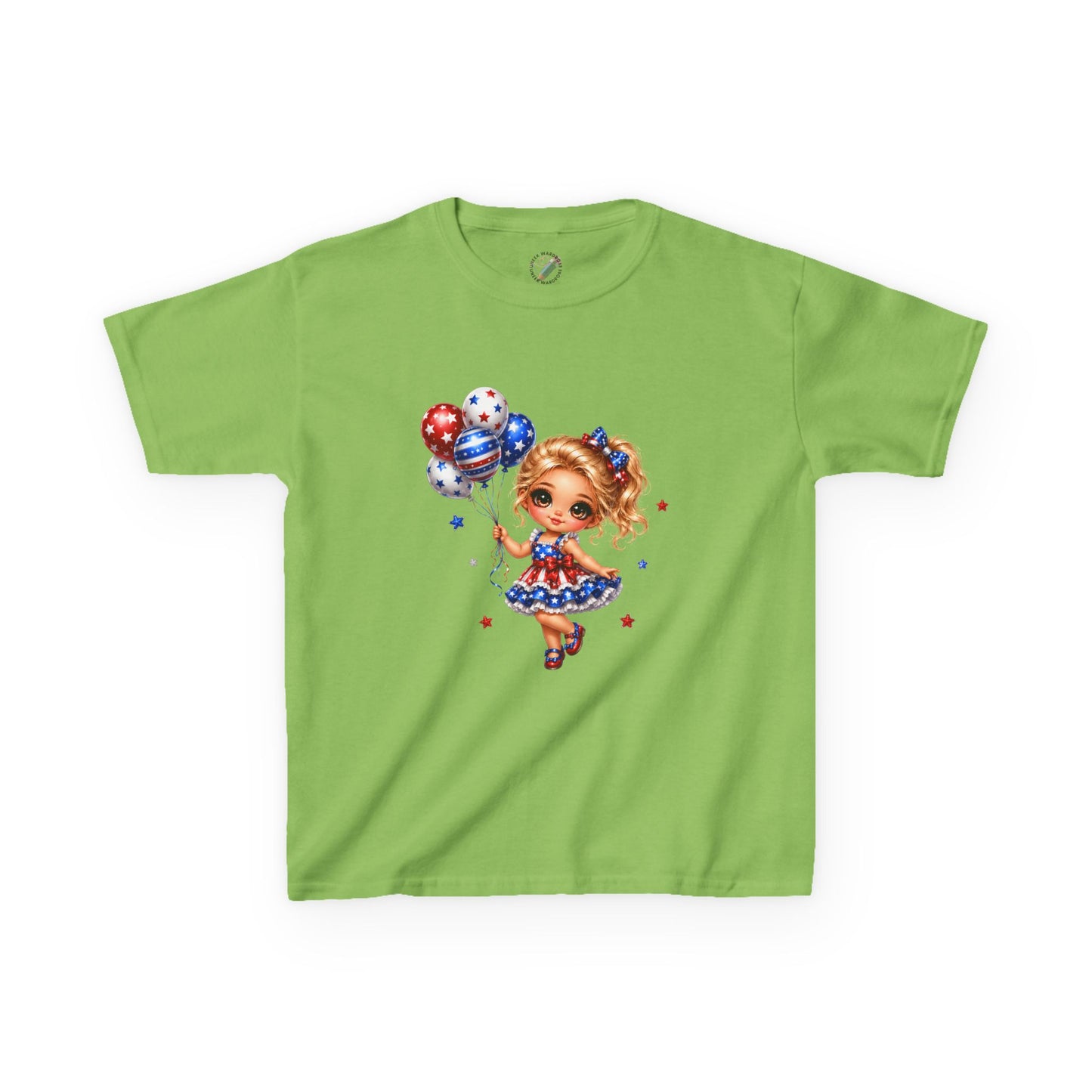 Kids Tee — Cute Patriotic Girl with Stars & Balloons (4th of July)