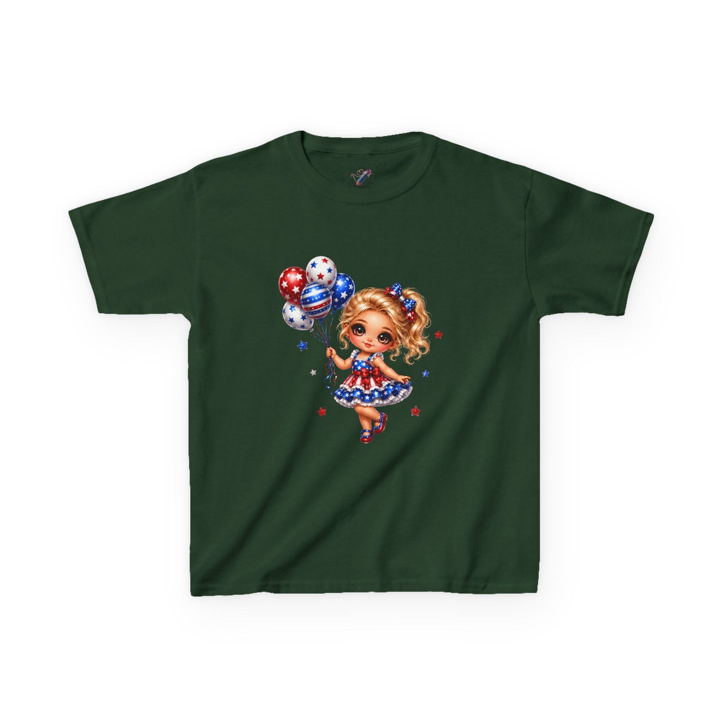 Kids Tee — Cute Patriotic Girl with Stars & Balloons (4th of July)