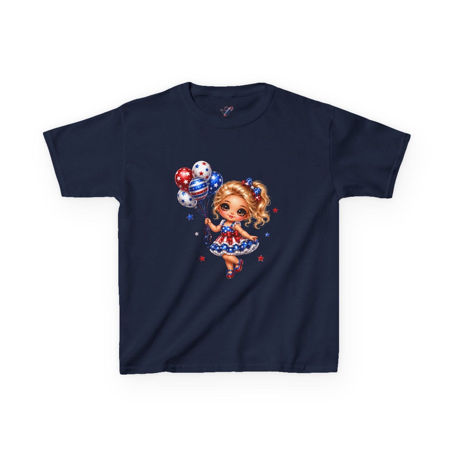 Kids Tee — Cute Patriotic Girl with Stars & Balloons (4th of July)