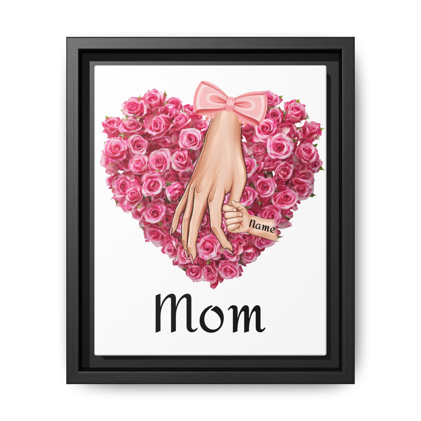 'Mom' Pink Rose Heart with Holding Hands (Matte) Framed Canvas Art