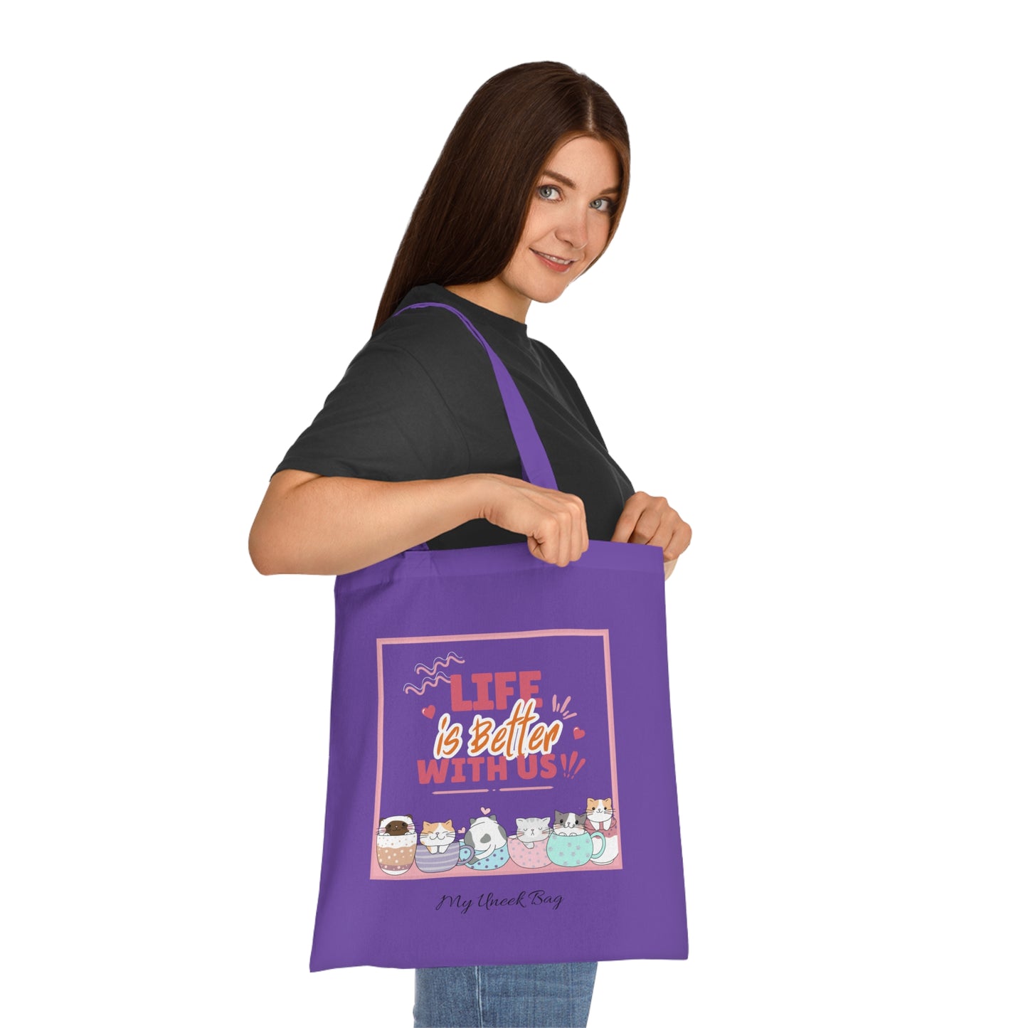 Tote Bag — "Life Is Better With Us" Cute Coffee & Cat Illustration Cotton Tote