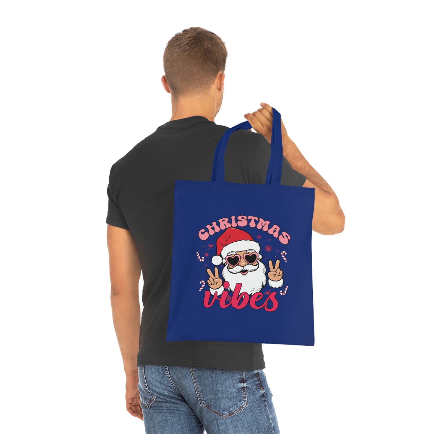 Christmas Vibes Cotton Tote Bag — Santa Peace Sign Holiday Market Tote