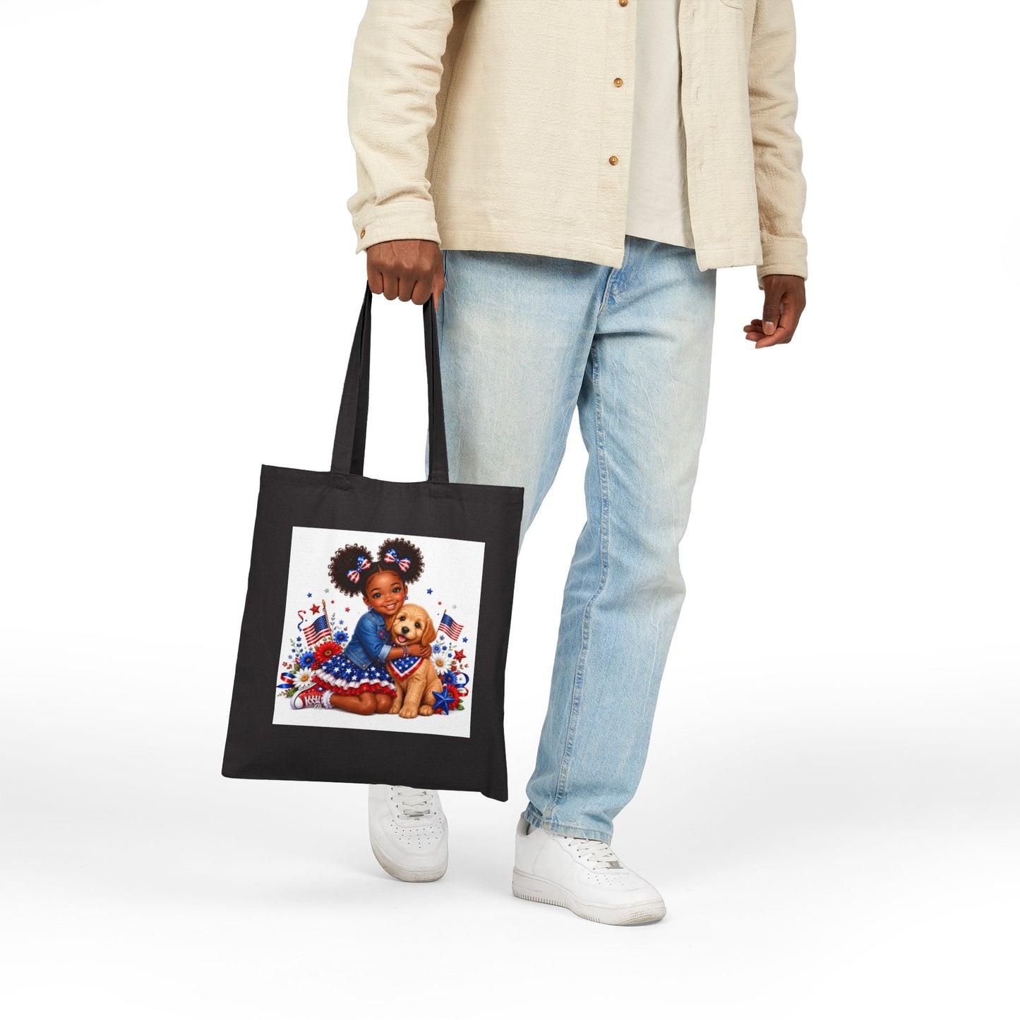 Patriotic Girl & Puppy Canvas Tote — 4th of July Independence Day Grocery Bag