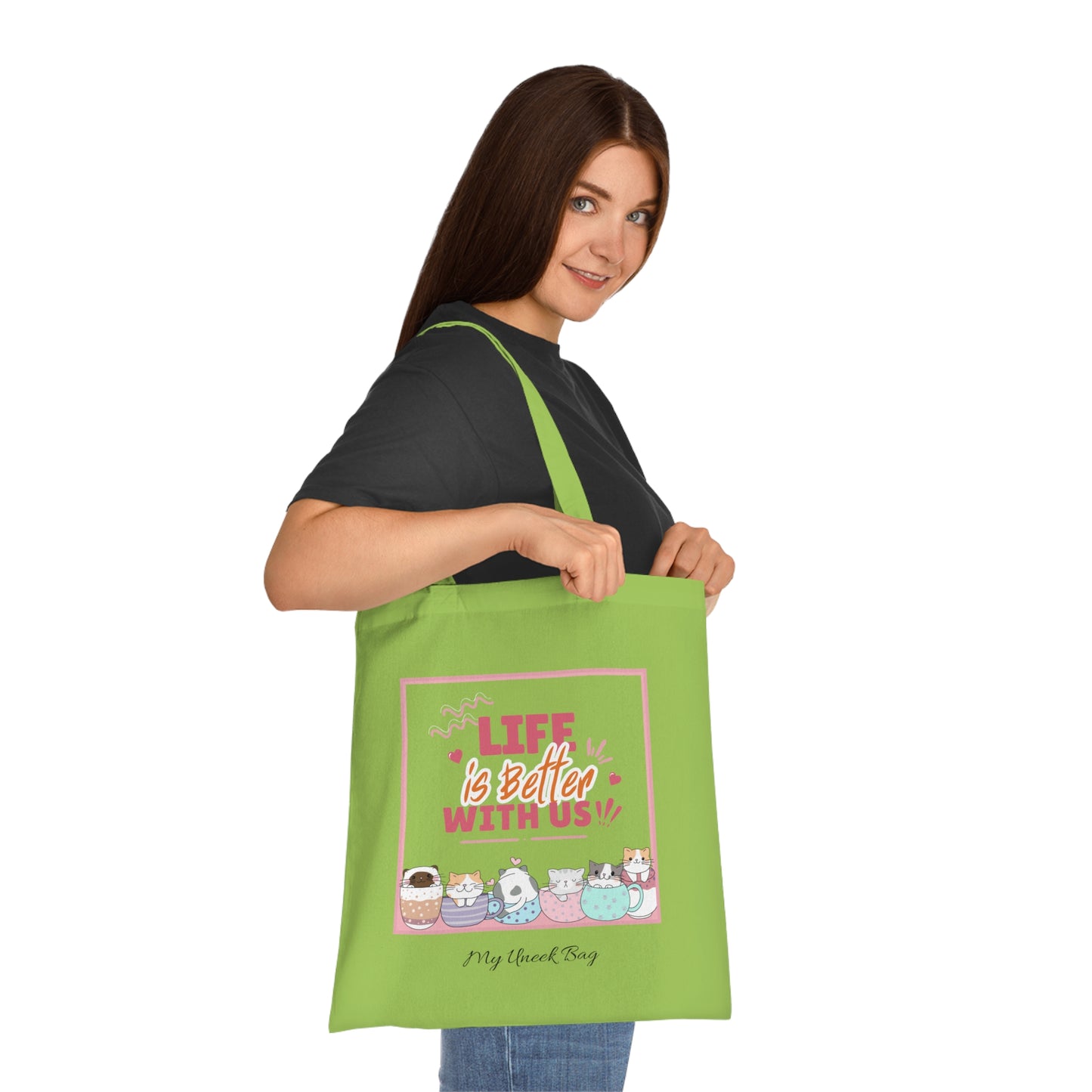 Tote Bag — "Life Is Better With Us" Cute Coffee & Cat Illustration Cotton Tote