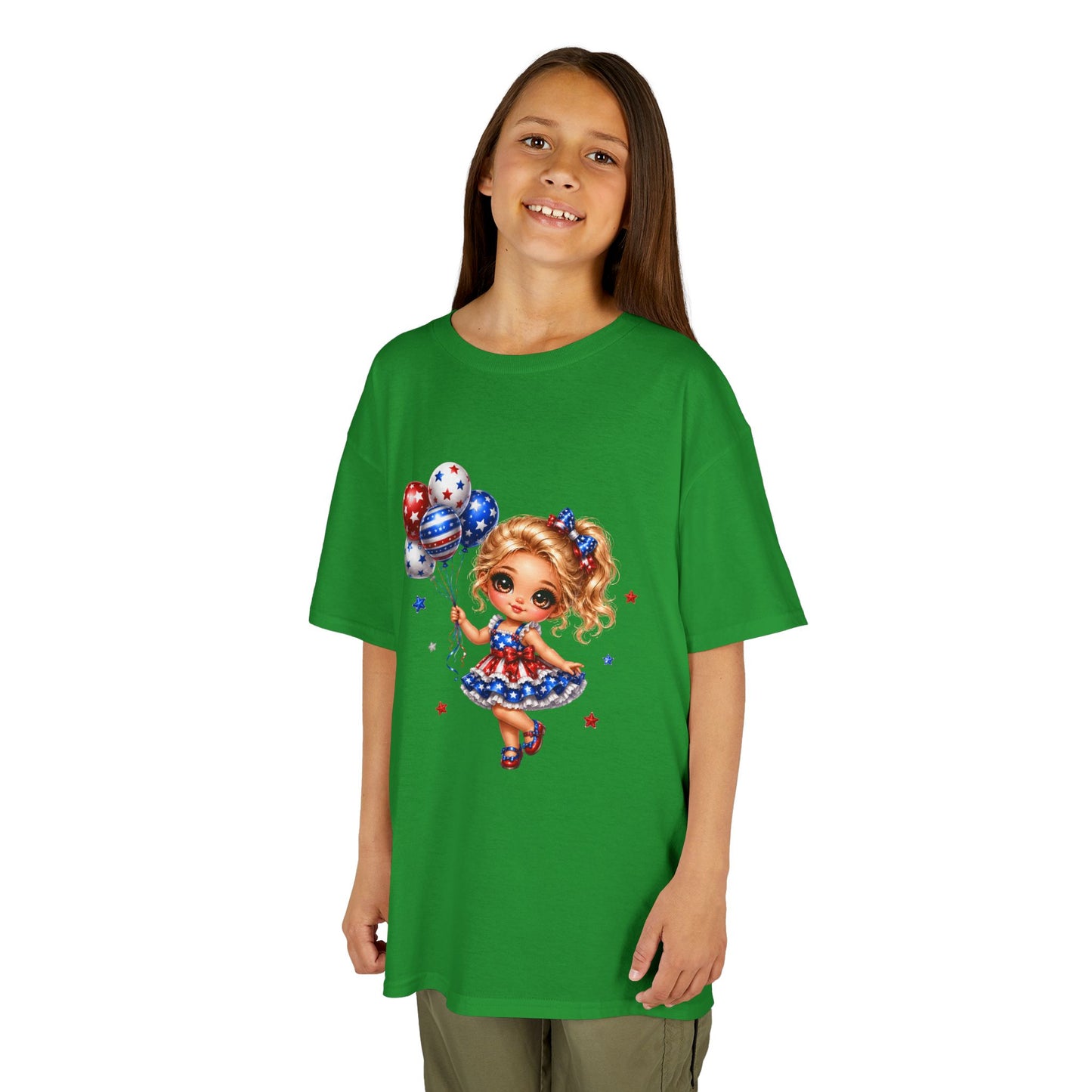 Kids Tee — Cute Patriotic Girl with Stars & Balloons (4th of July)