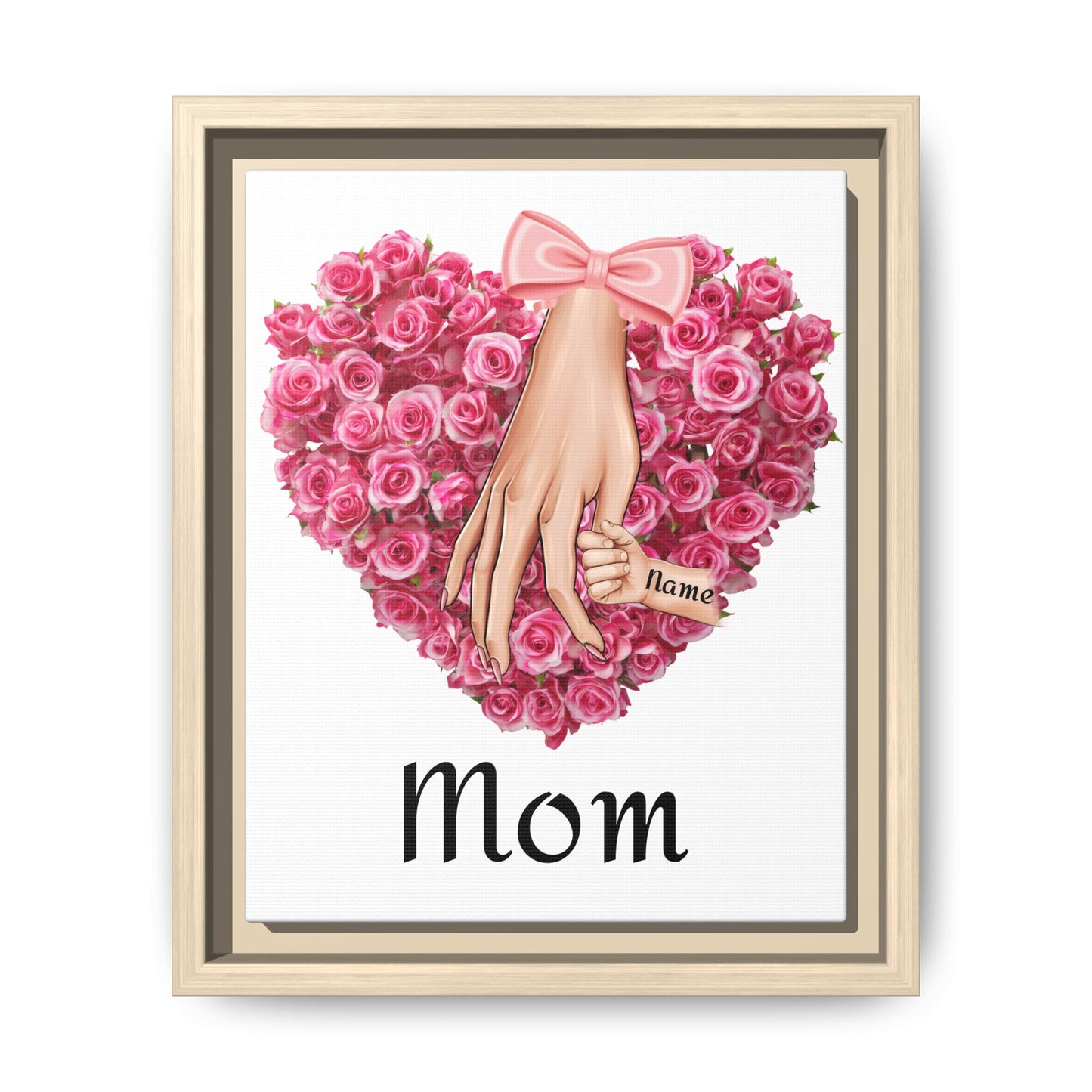 'Mom' Pink Rose Heart with Holding Hands (Matte) Framed Canvas Art