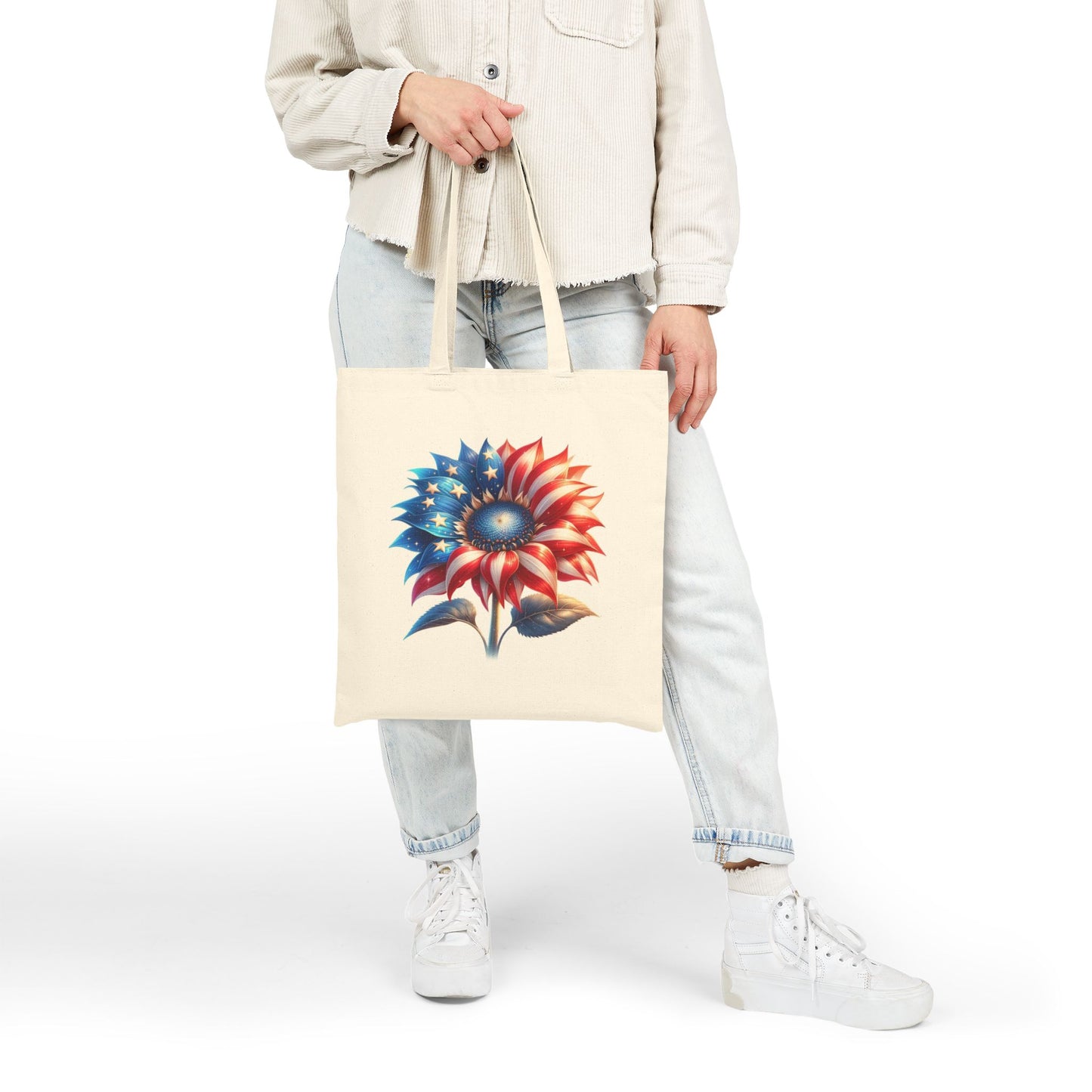 Patriotic Sunflower Tote Bag - American Flag Floral Cotton Canvas Tote