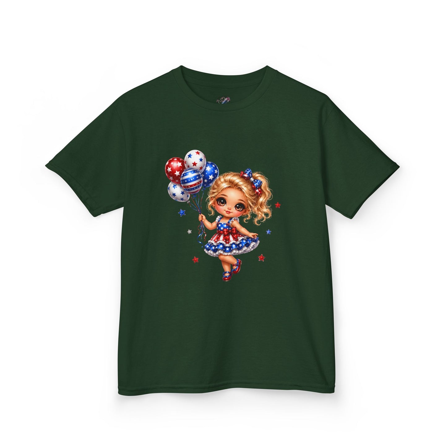 Kids Tee — Cute Patriotic Girl with Stars & Balloons (4th of July)