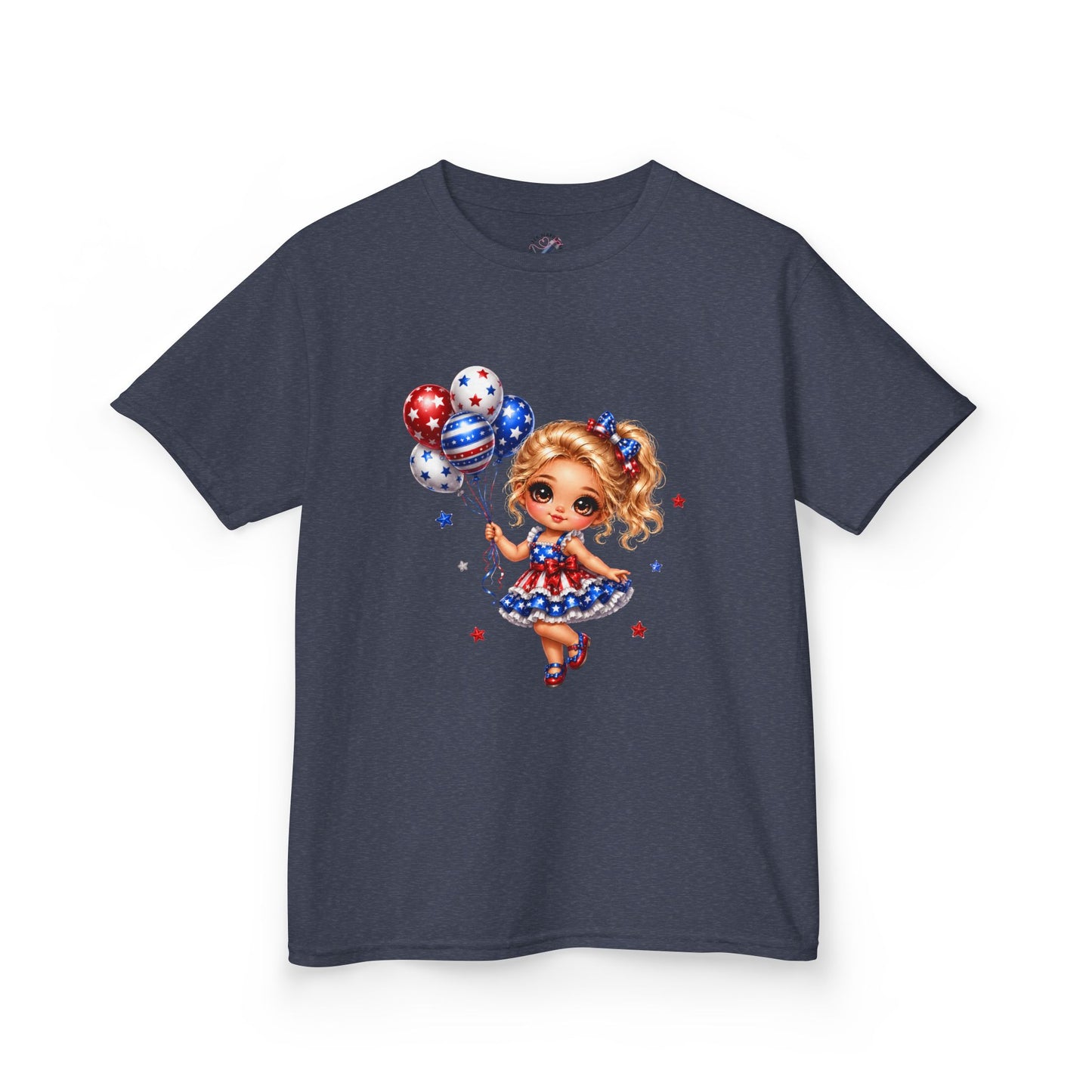 Kids Tee — Cute Patriotic Girl with Stars & Balloons (4th of July)