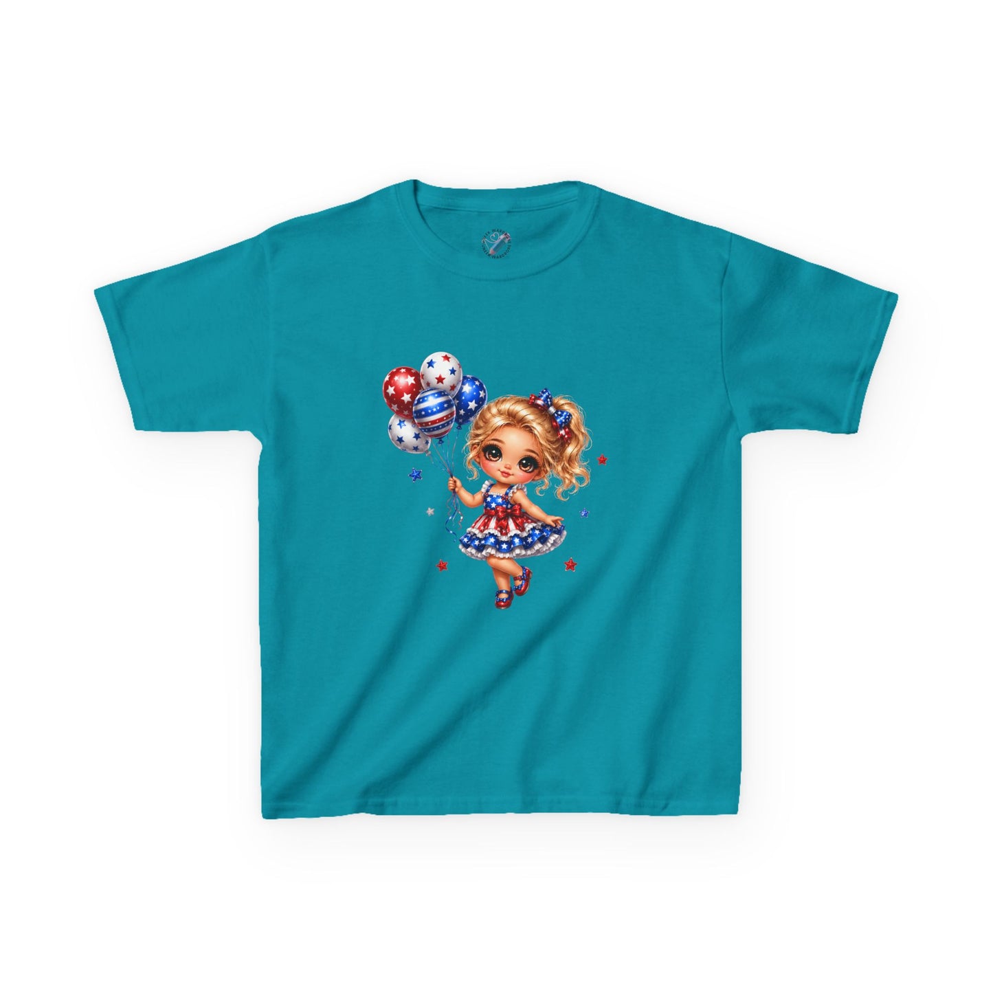 Kids Tee — Cute Patriotic Girl with Stars & Balloons (4th of July)