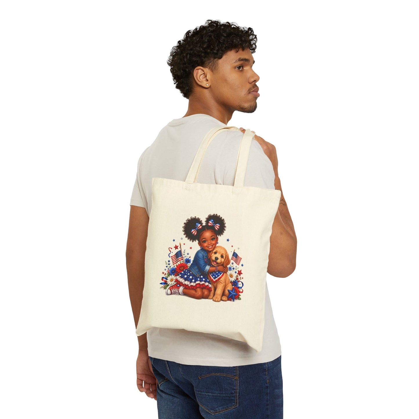 Patriotic Girl & Puppy Canvas Tote — 4th of July Independence Day Grocery Bag