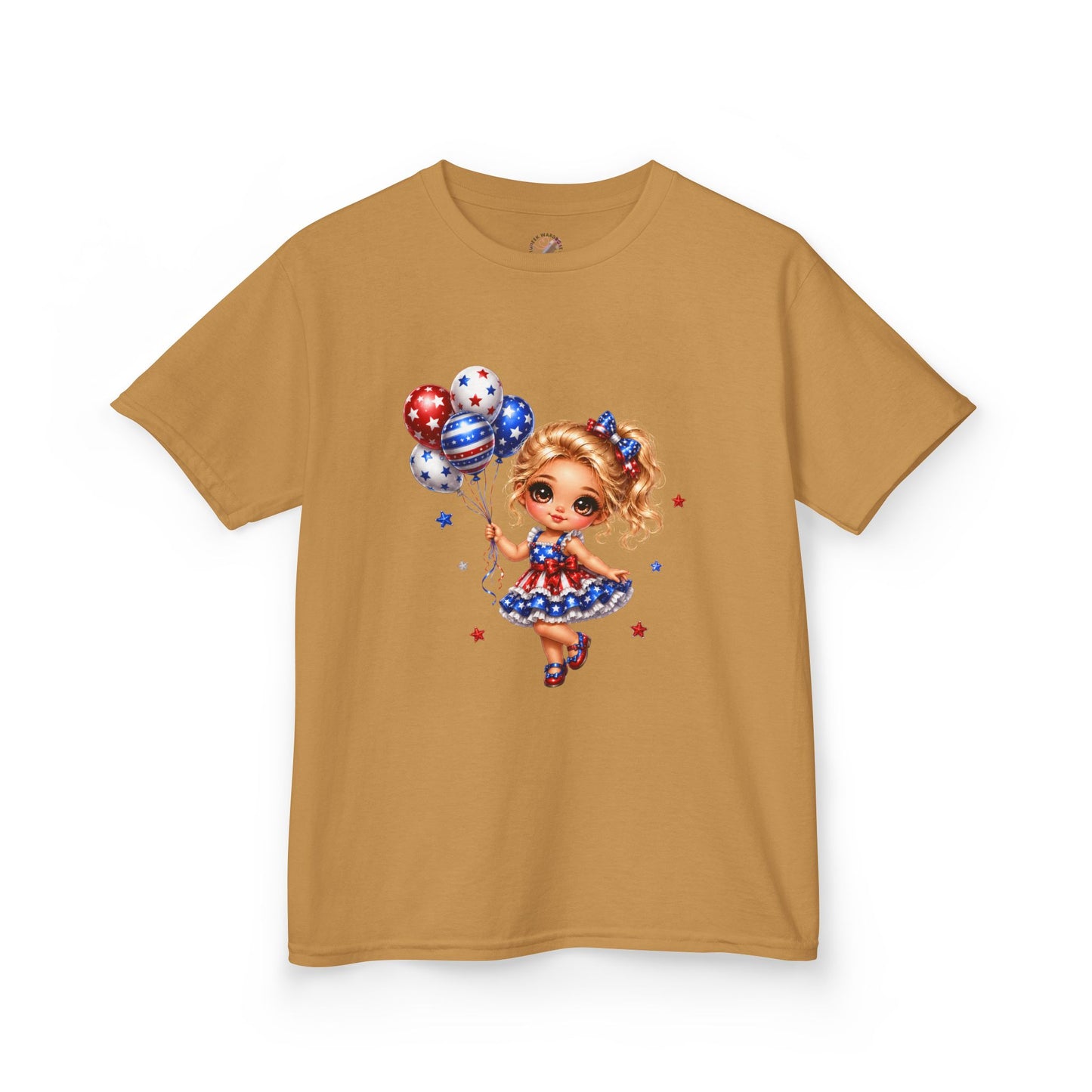 Kids Tee — Cute Patriotic Girl with Stars & Balloons (4th of July)