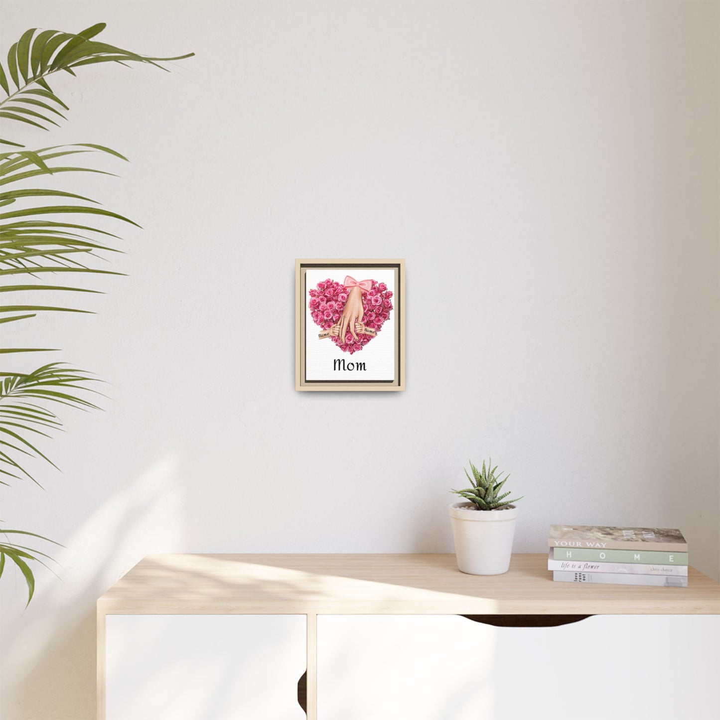 Framed Canvas Wall Art — 'Mom' Heart of Roses with Child Hands (Personalizable Names)