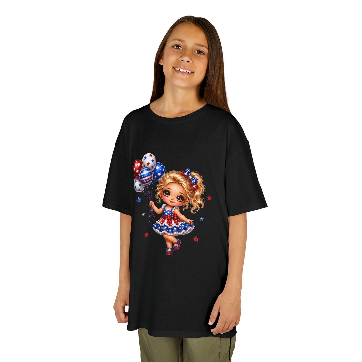 Kids Tee — Cute Patriotic Girl with Stars & Balloons (4th of July)