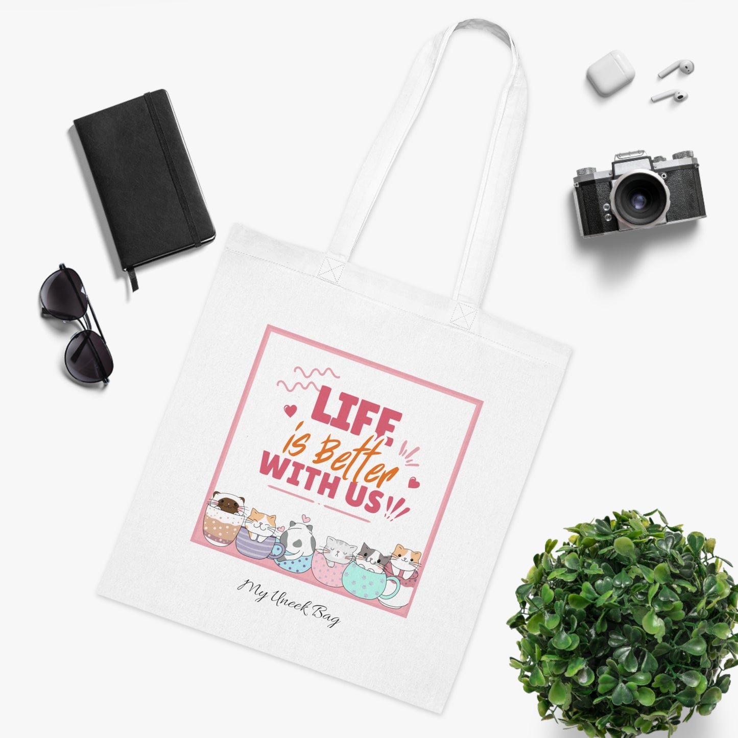 Tote Bag — "Life Is Better With Us" Cute Coffee & Cat Illustration Cotton Tote